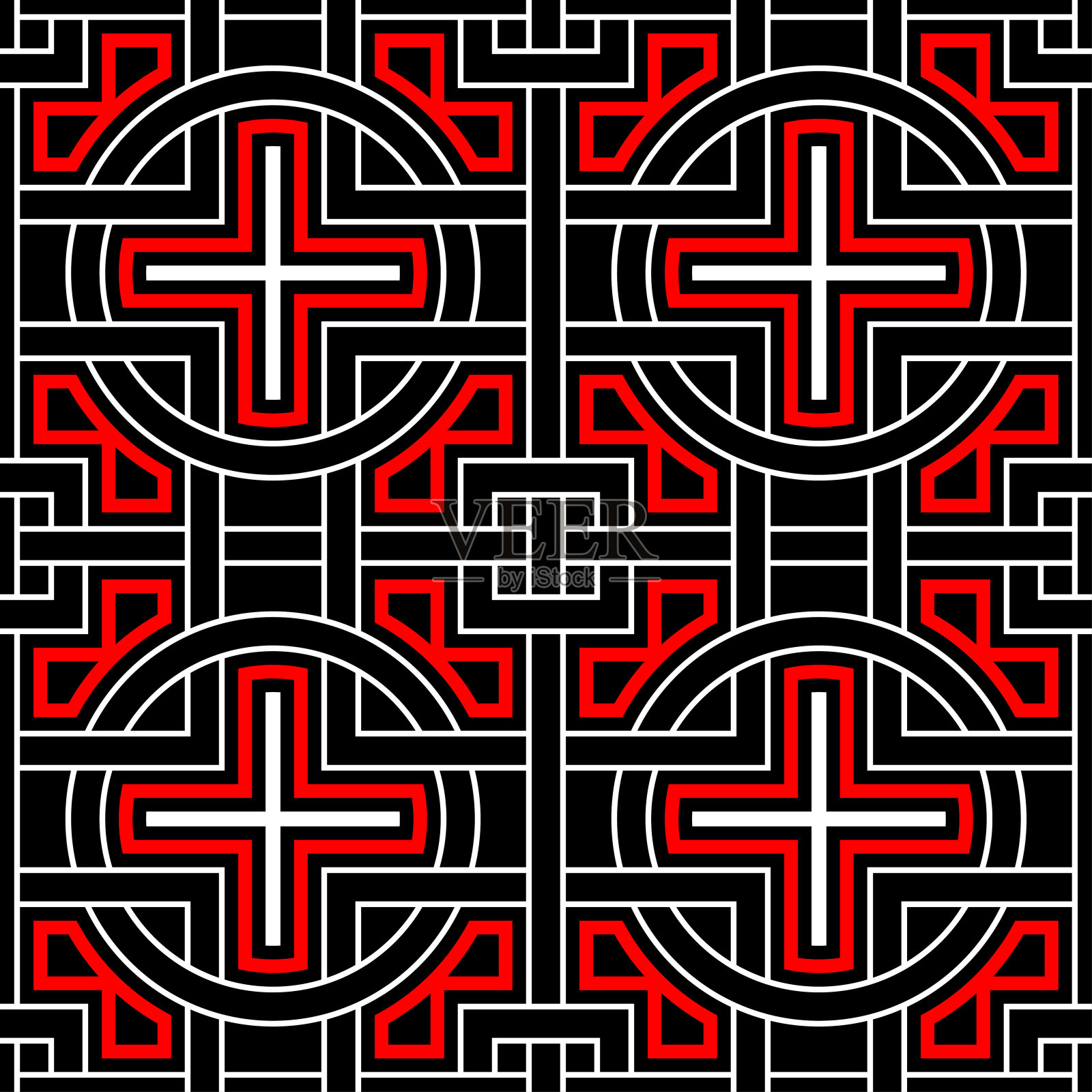 无缝几何黑色背景。用红色和白色的元素插画图片素材