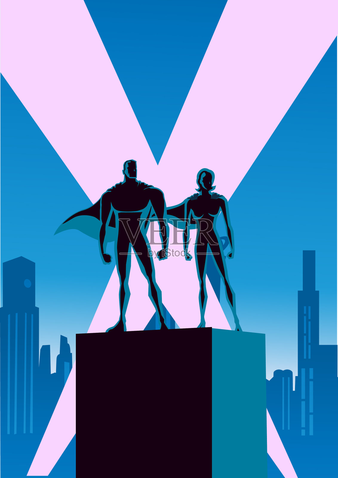 向量超级英雄夫妇剪影与城市天际线背景插画图片素材