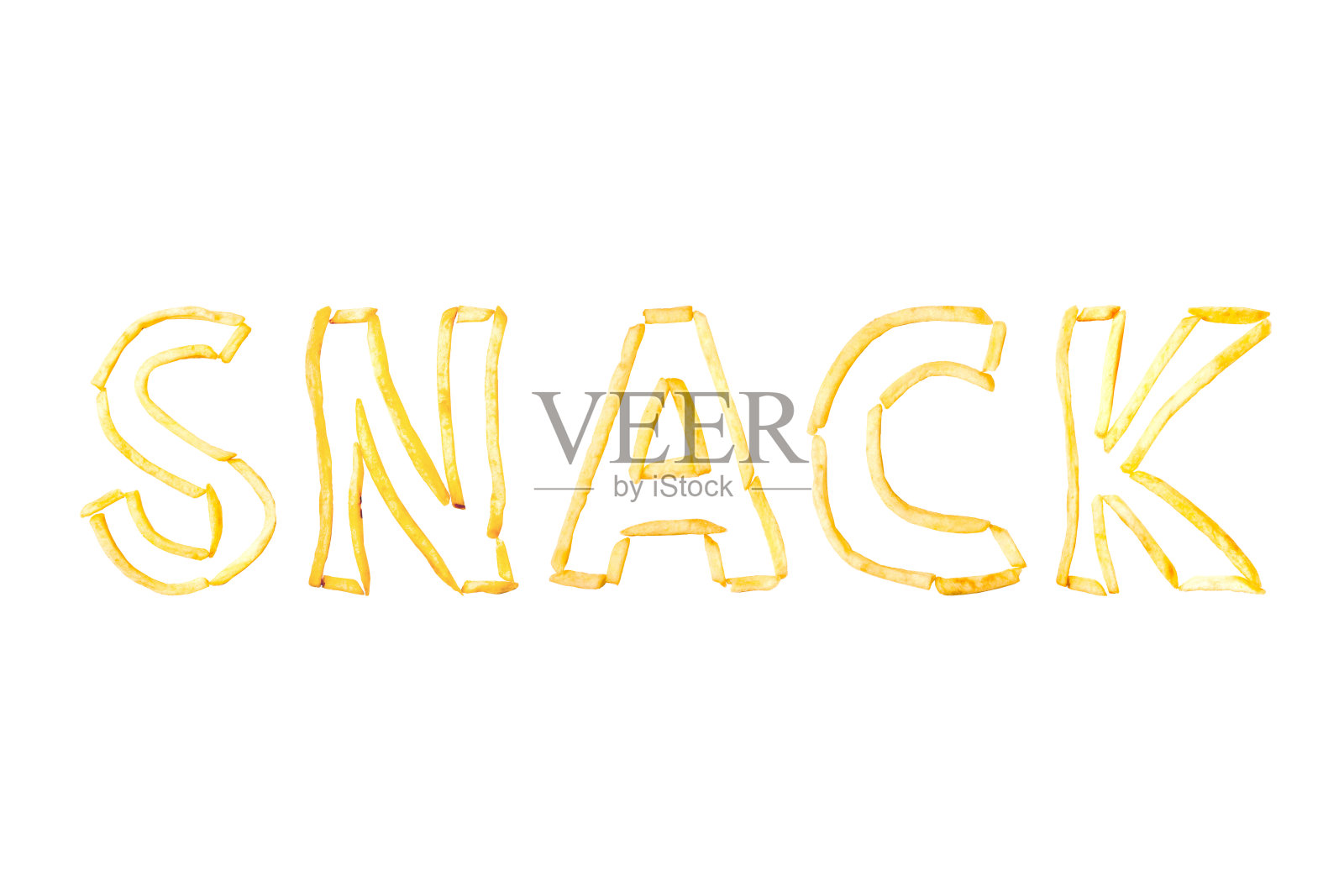 “点心”这个词是由在白色背景上孤立地炸过的炸薯条做成的照片摄影图片