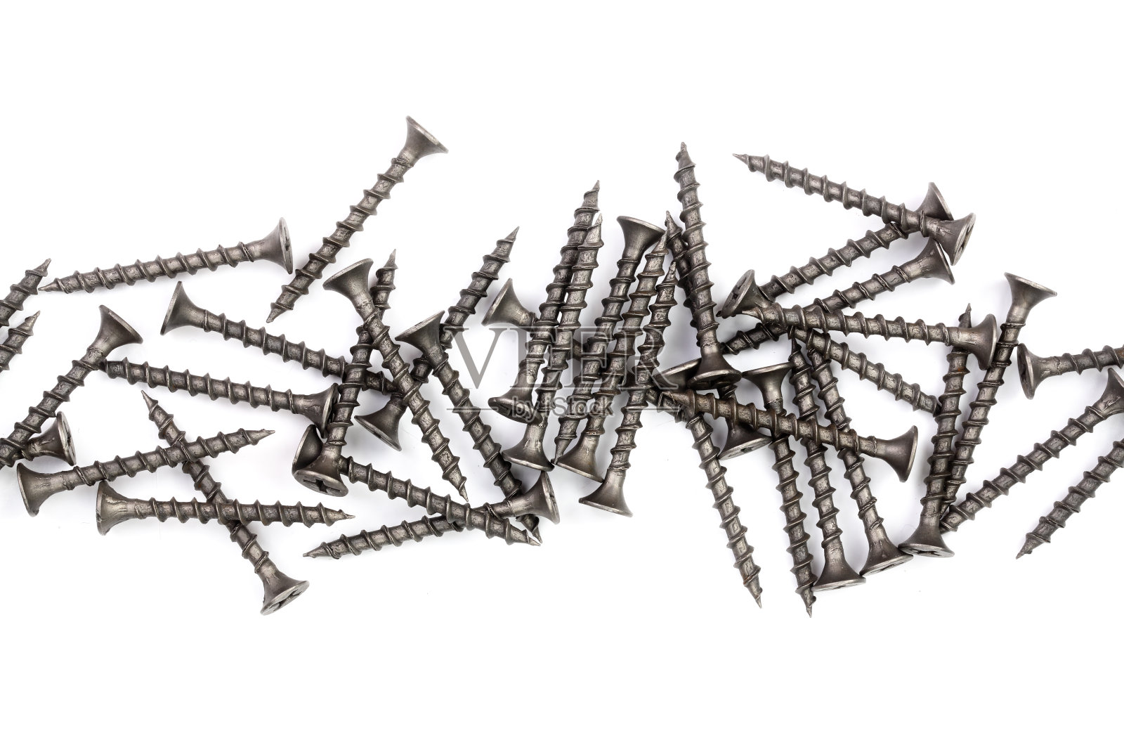 黑色螺丝隔离在白色背景和复制空间的文本。前视图。照片摄影图片