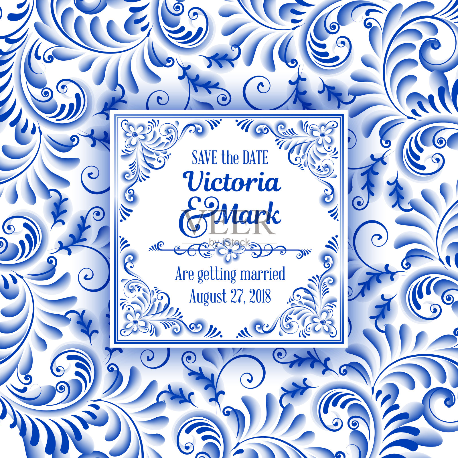 邀请卡在俄罗斯绘画风格的gzhel设计模板素材