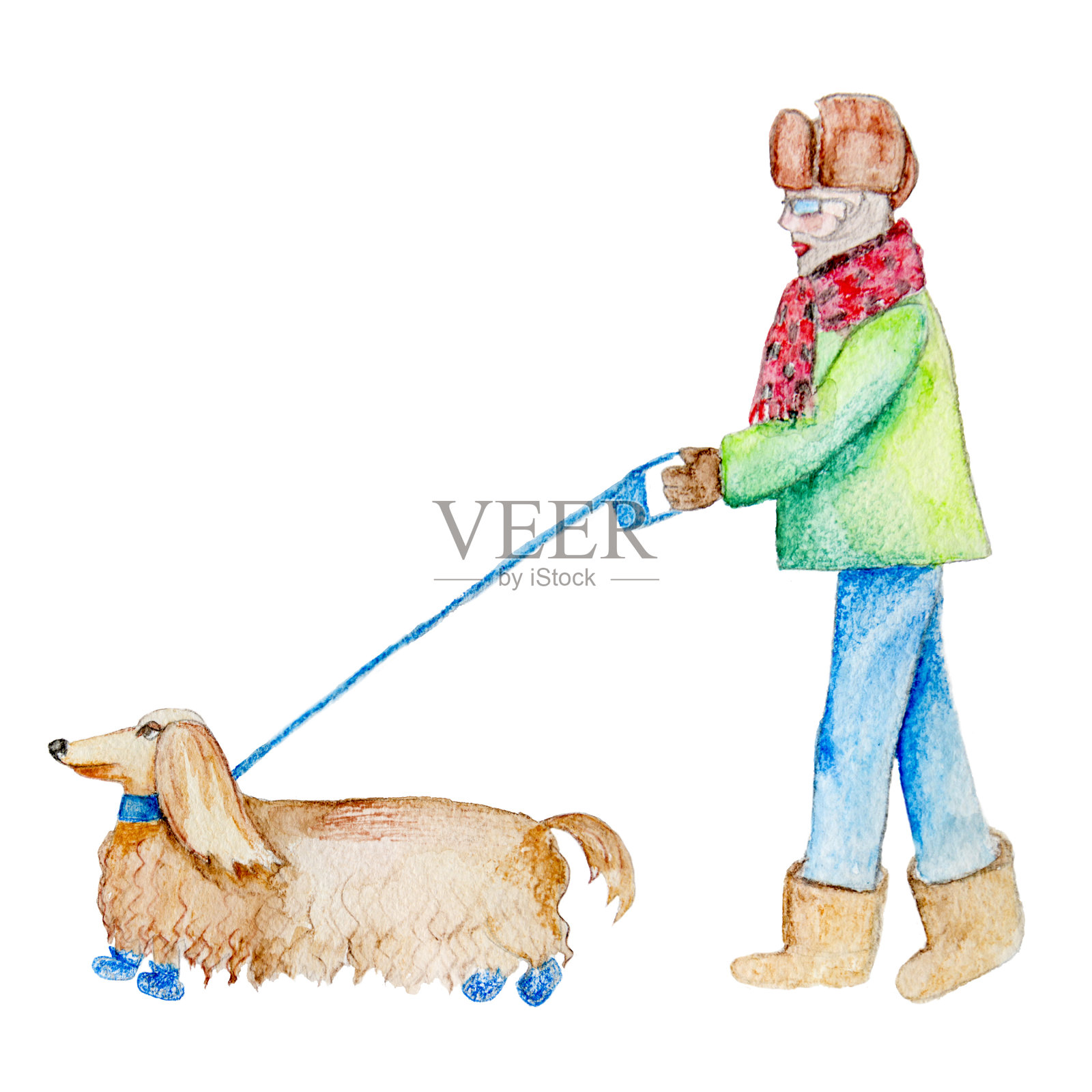 老人在冬天遛狗。水彩插图孤立的白色背景。插画图片素材