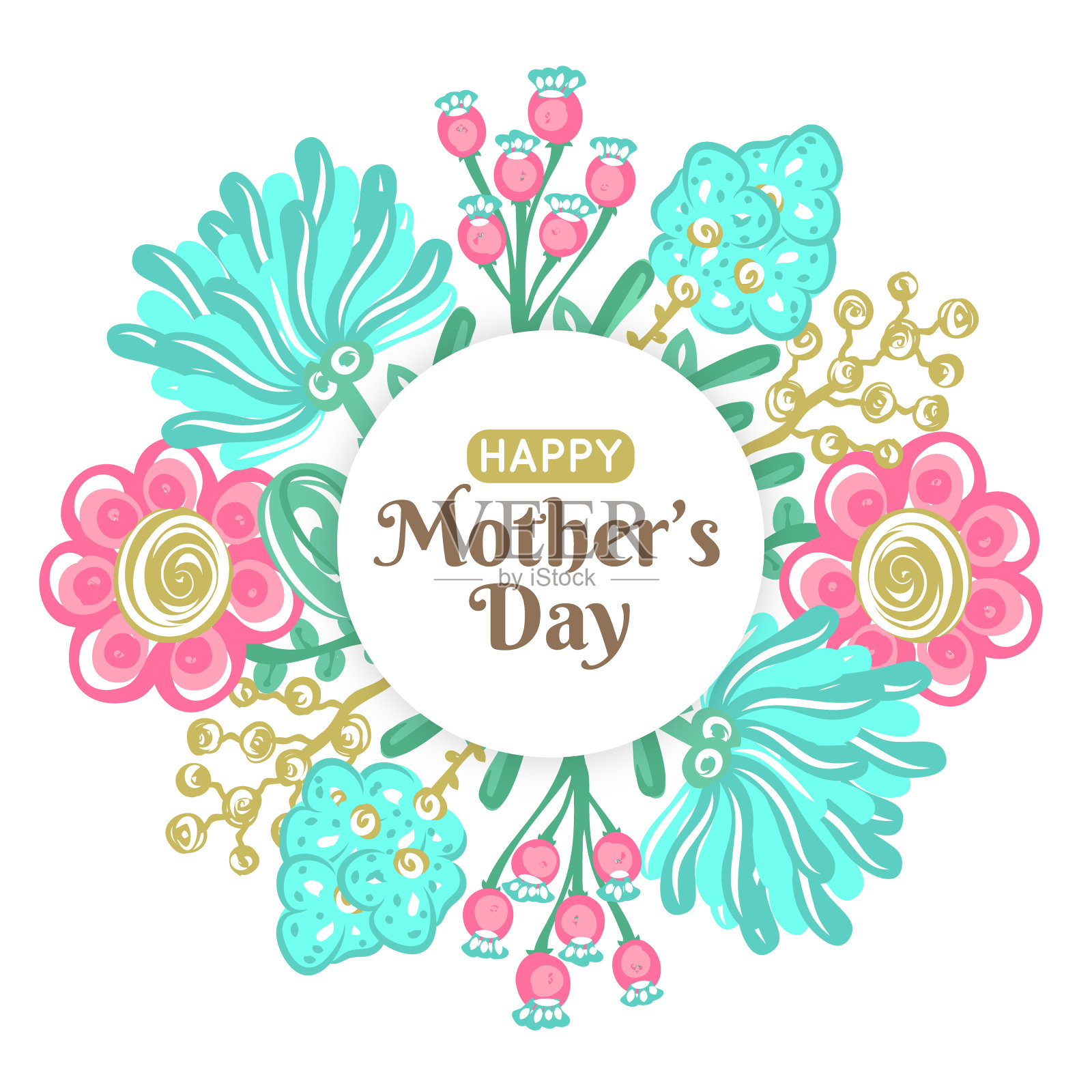 母亲节快乐。妈妈的节日。花卉装饰。彩色花朵的圆形框架。女性的庆祝活动。礼物送给妈妈。卡片，明信片，邀请信，横幅，海报插画图片素材
