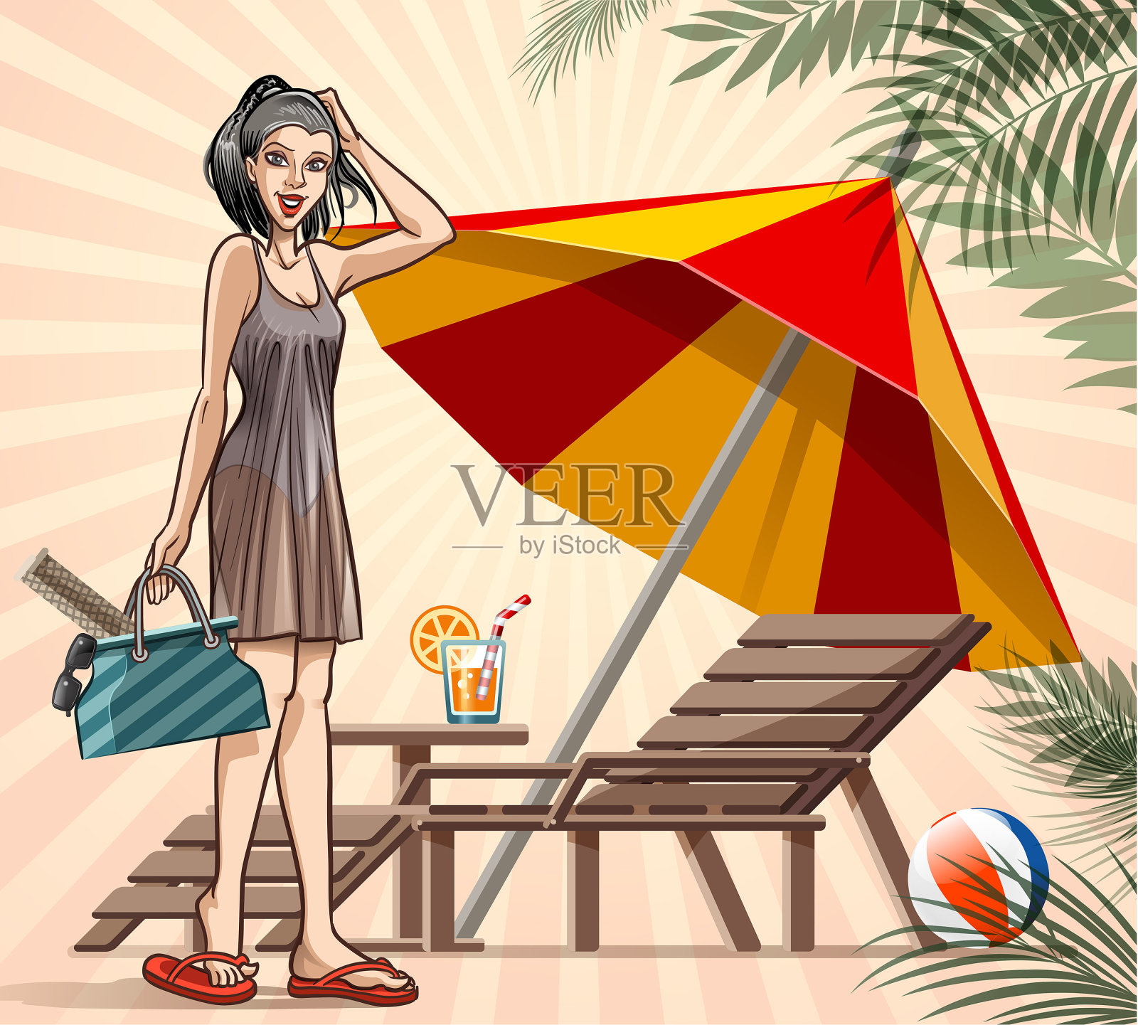 女孩在海滩上插画图片素材