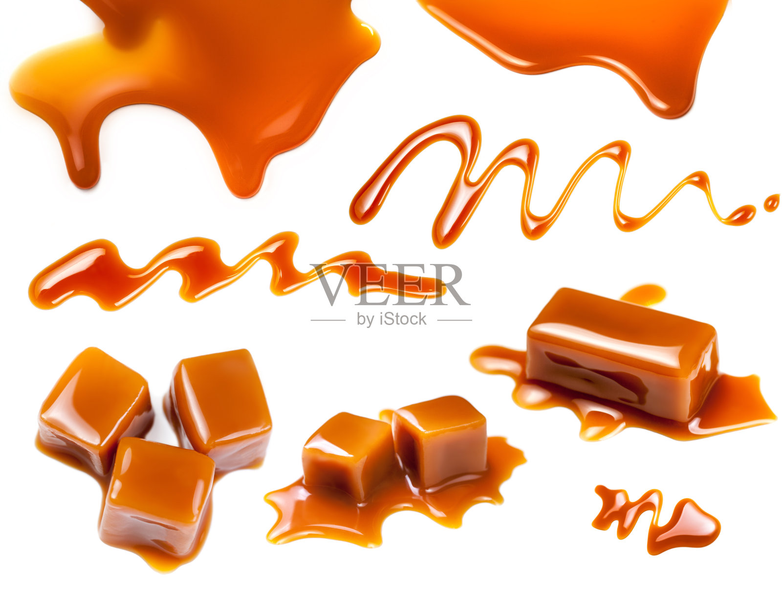 流动的焦糖酱孤立的白色背景。金色奶油糖果太妃糖焦糖液体照片摄影图片