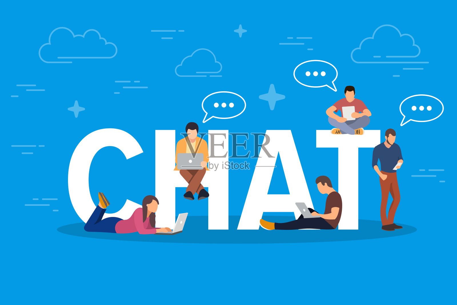 聊天概念说明。年轻人使用平板电脑、智能手机等移动设备通过互联网互发短信。扁平的大字母聊天，男人和女人站在旁边插画图片素材