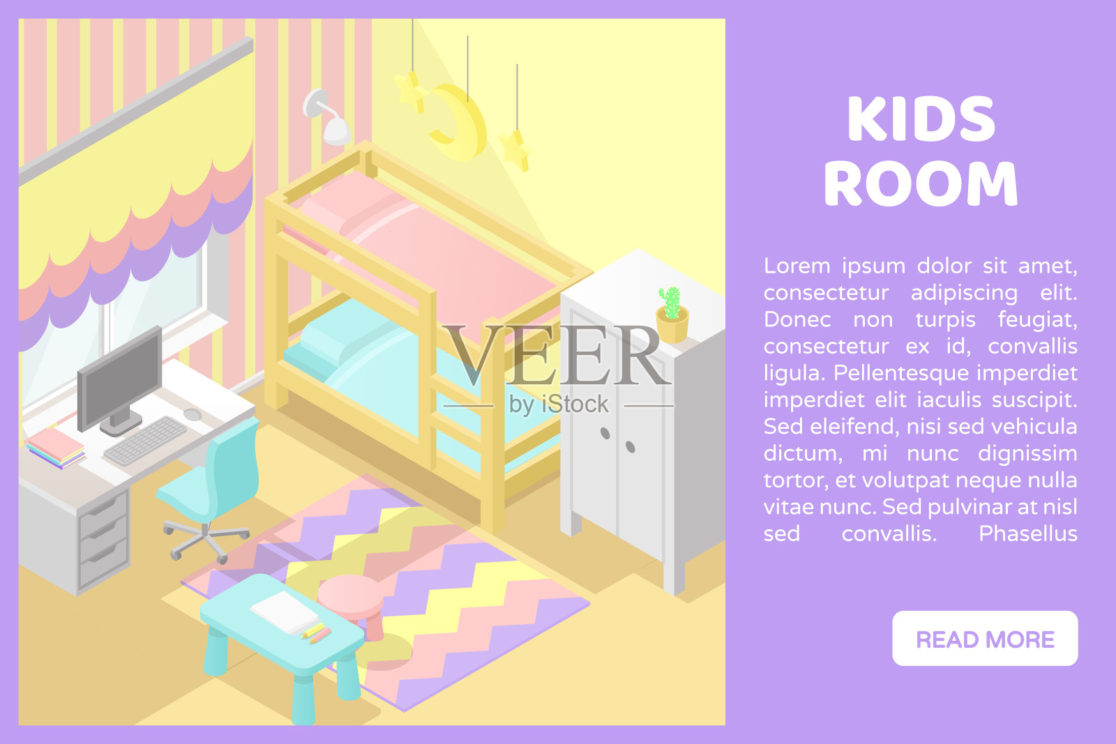 向量等距低多边形切面内部插图。孩子的房间。一个网站的横幅插画图片素材