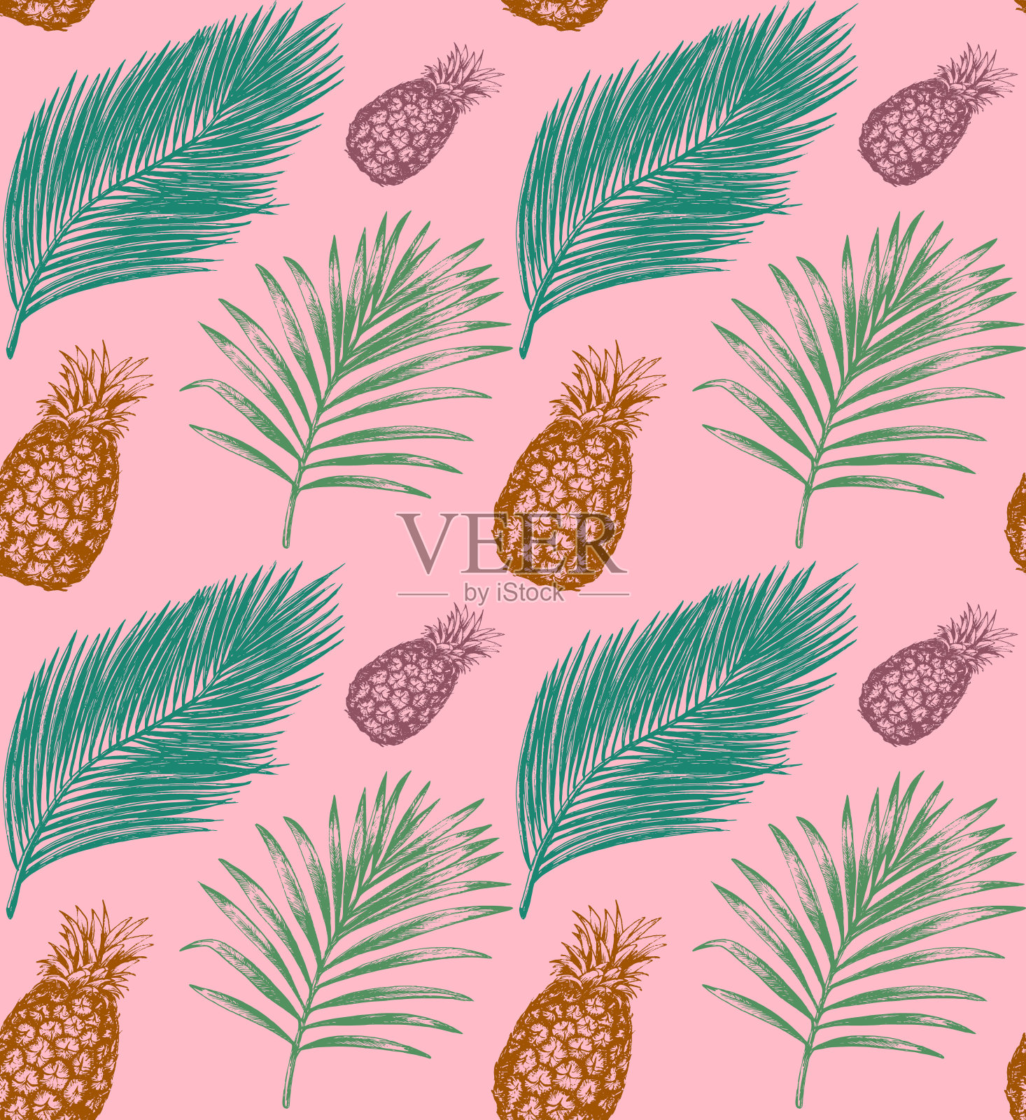 矢量热带无缝模式。外来的棕榈叶和果实背景。丛林植物插图。手草图。插画图片素材