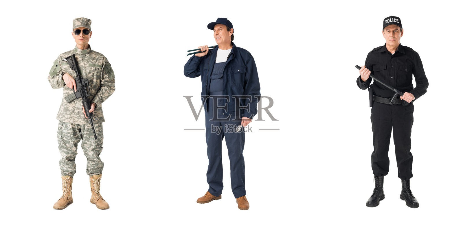 拼贴与男性职业士兵，警察和水管工隔离的白人照片摄影图片