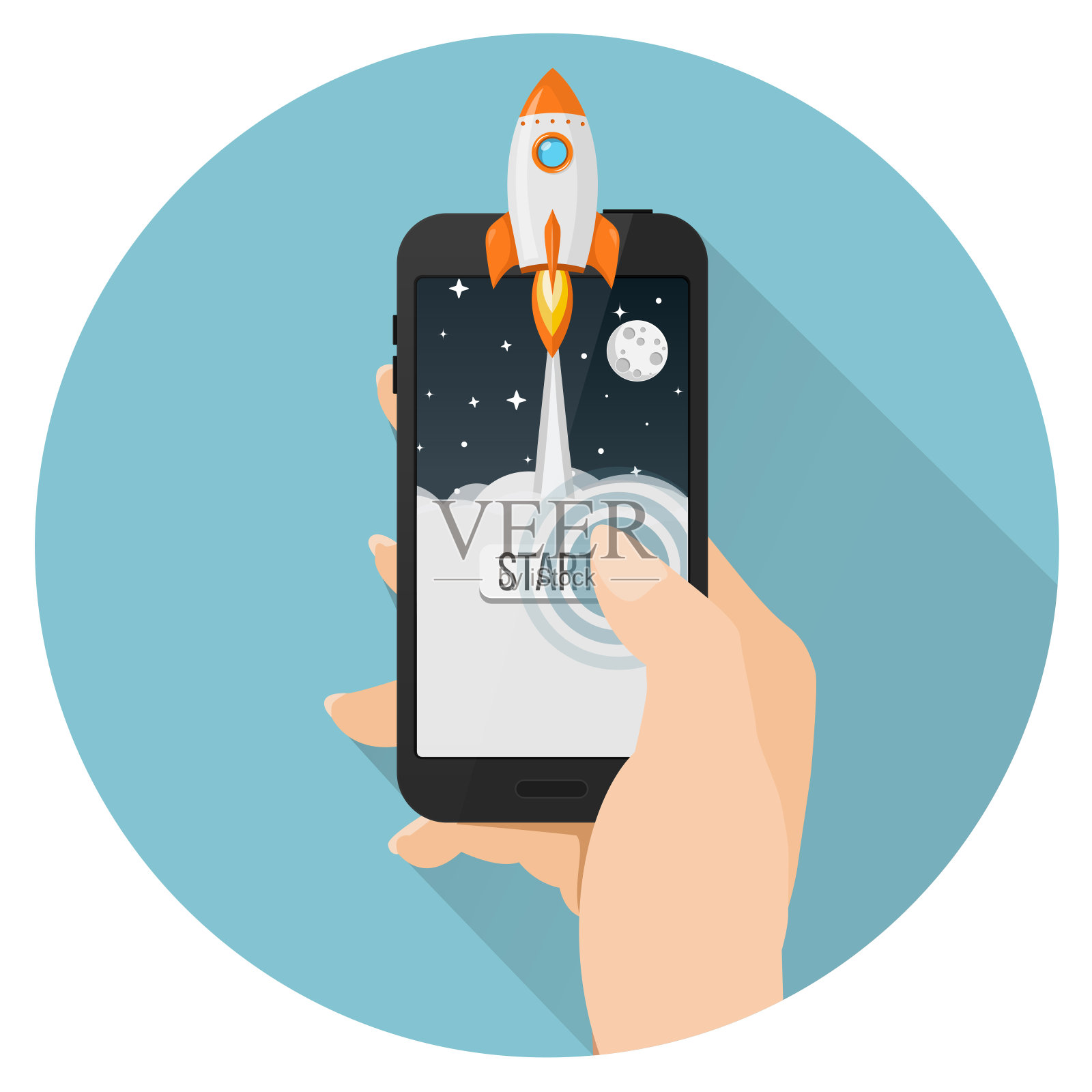 火箭发射从智能手机平面设计插画图片素材