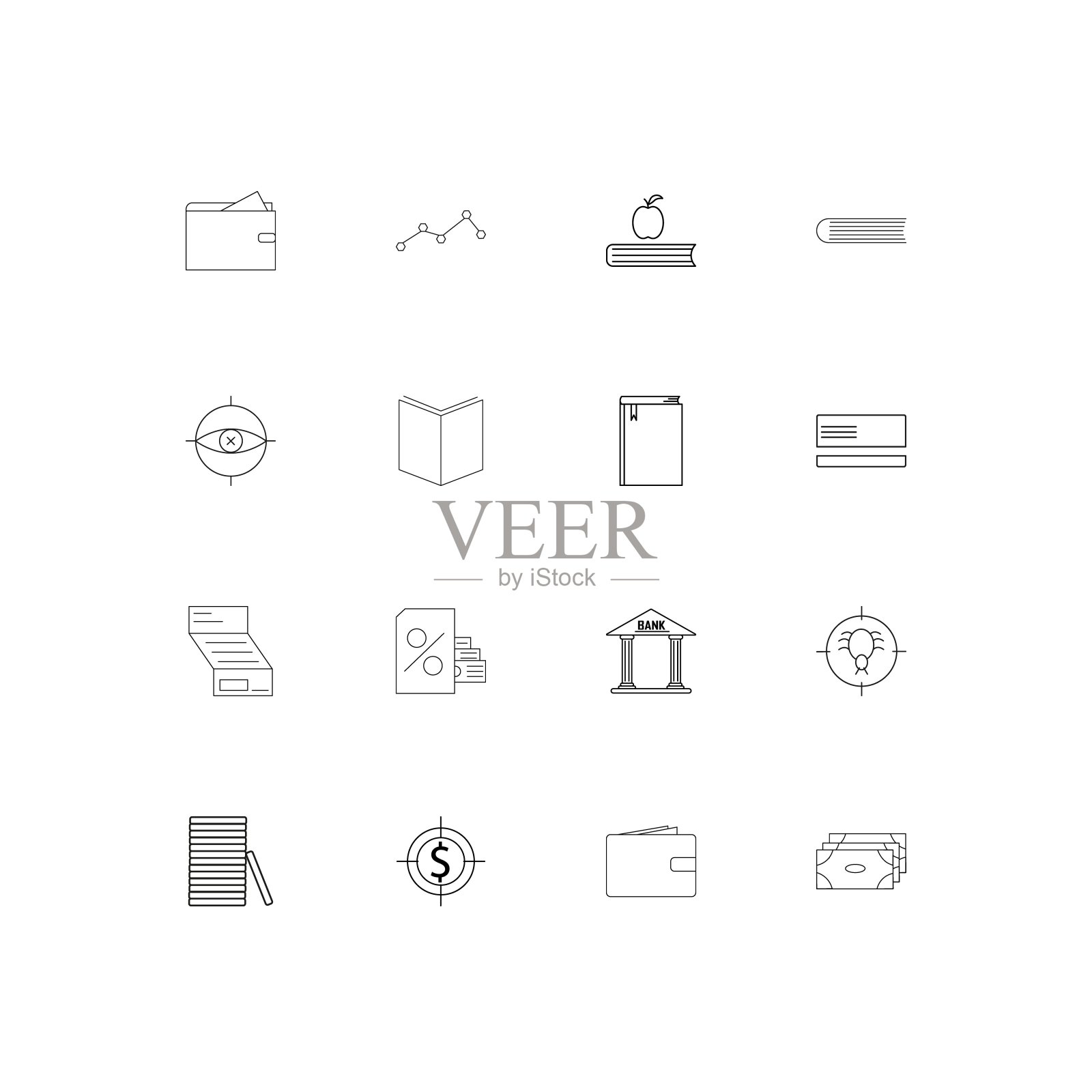 银行，金融和金钱简单的线性图标集。概述了矢量图标图标素材