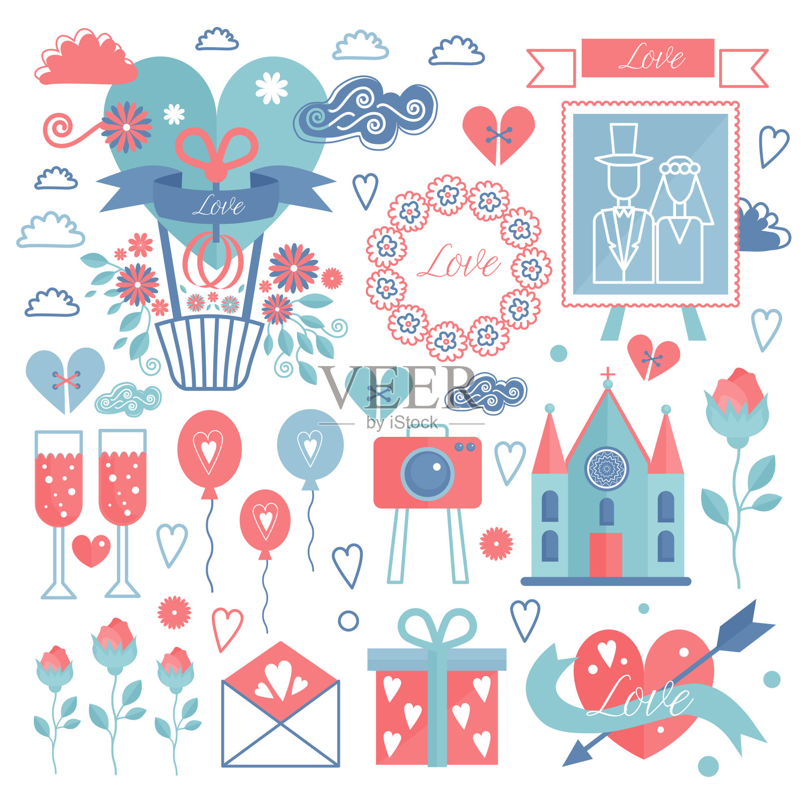 婚礼矢量图形的云彩，花环，心和花，照相机和城堡，气球，月桂，丝带和标签。插画图片素材