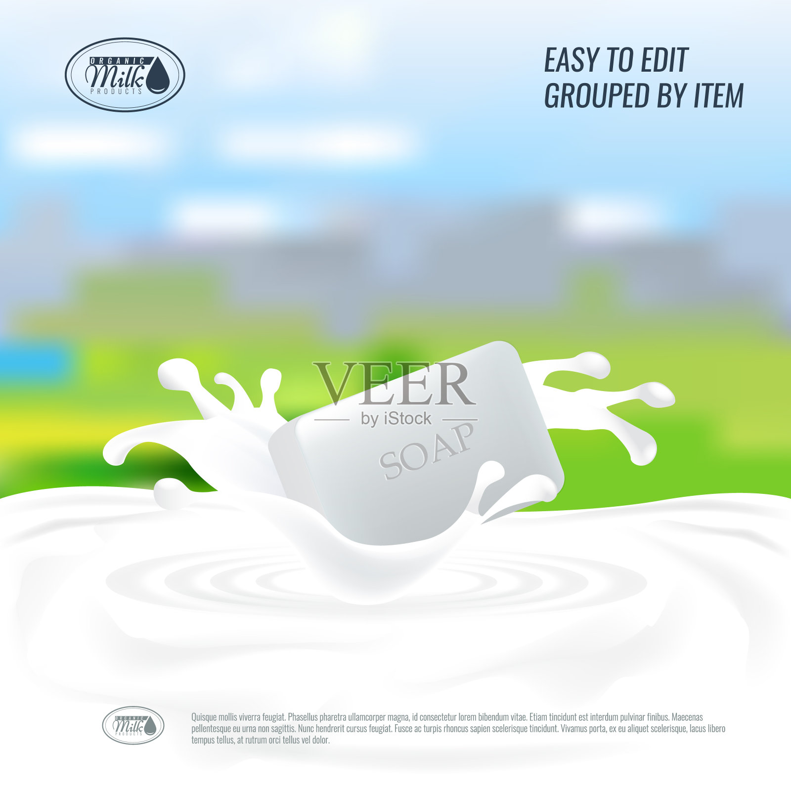 矢量肥皂与牛奶飞溅。天然手工制作的肥皂广告设计或横幅背景。插画图片素材