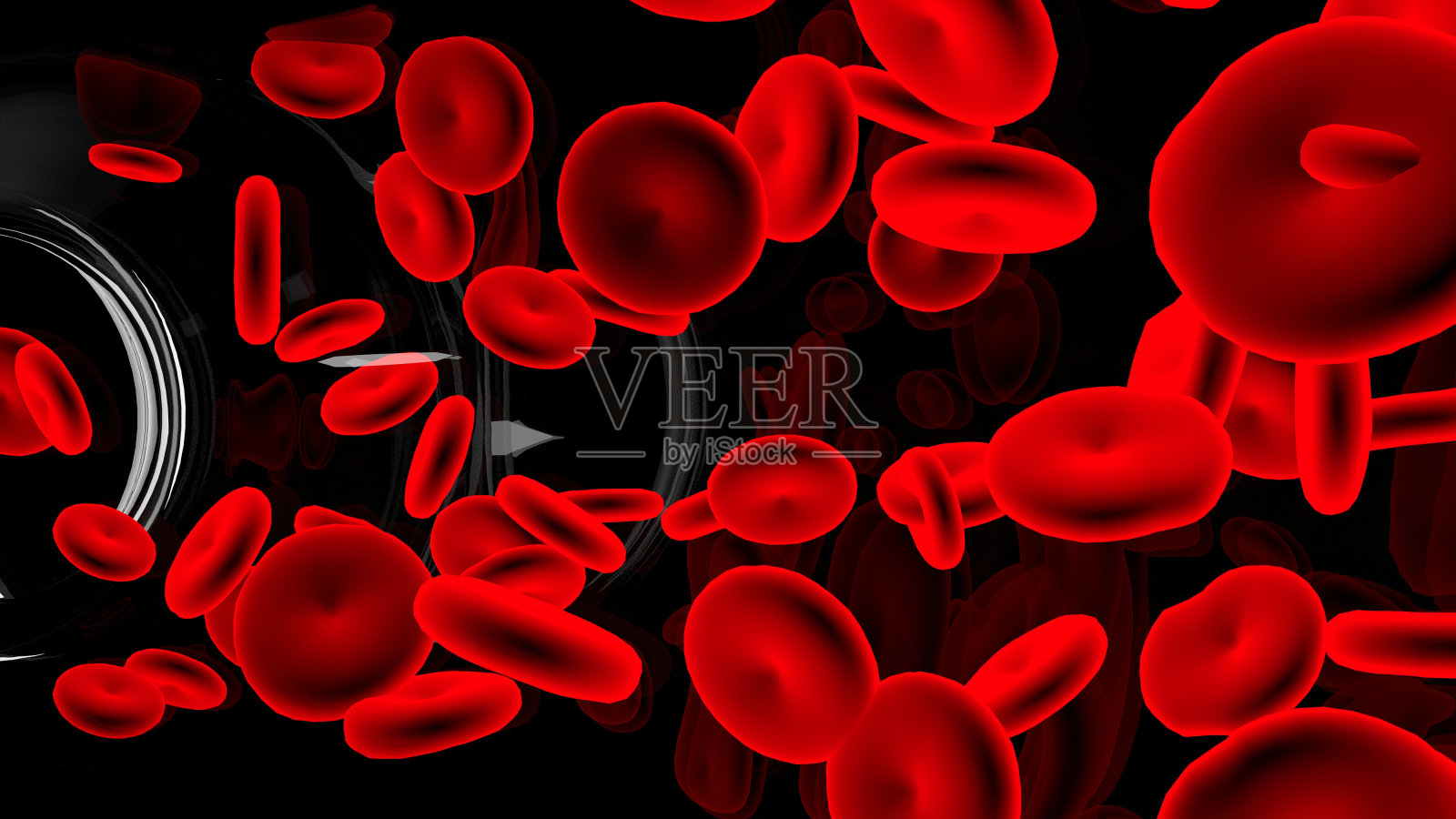黑色背景上的透明玻璃中的红细胞。照片摄影图片