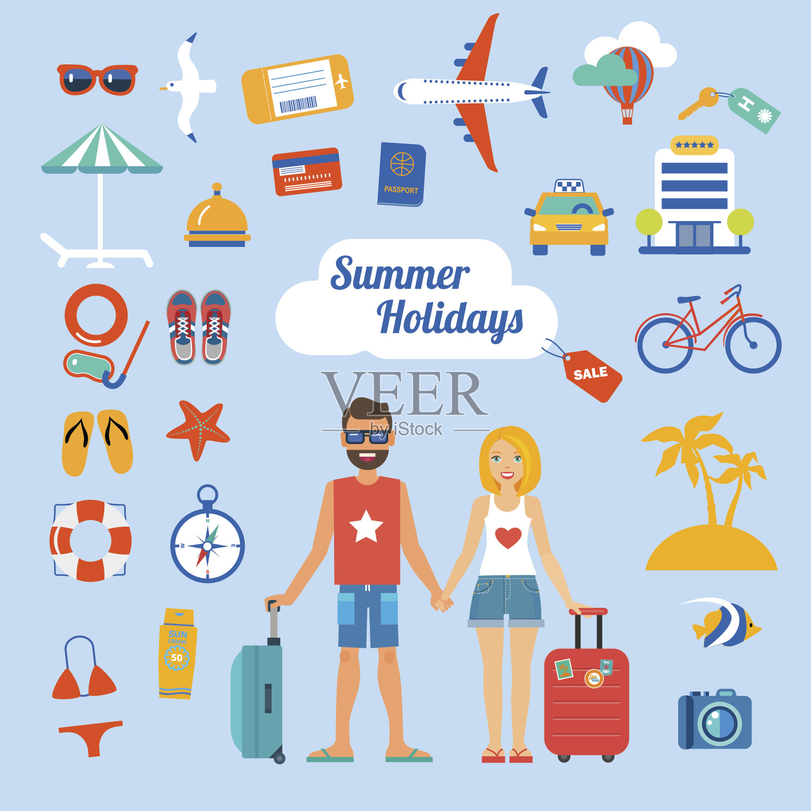一套平坦的图标夏季假期与旅游夫妇插画图片素材