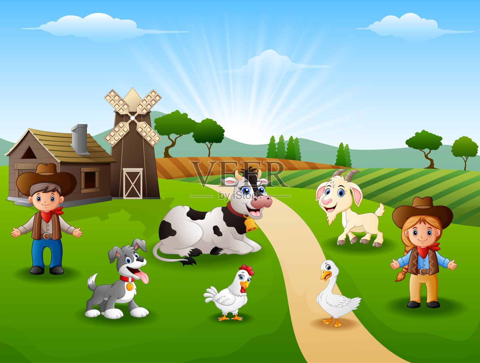 清晨，牛仔和女牛仔在农场和动物们在一起插画图片素材
