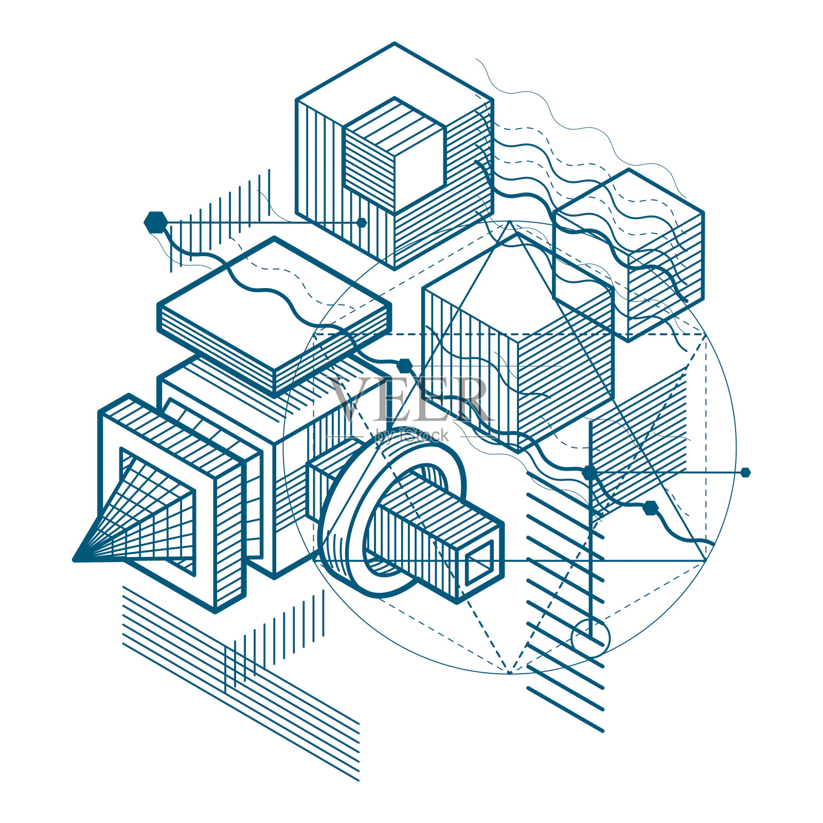 抽象背景与等距线，矢量插图。模板由立方体，六边形，正方形，矩形和不同的抽象元素。插画图片素材