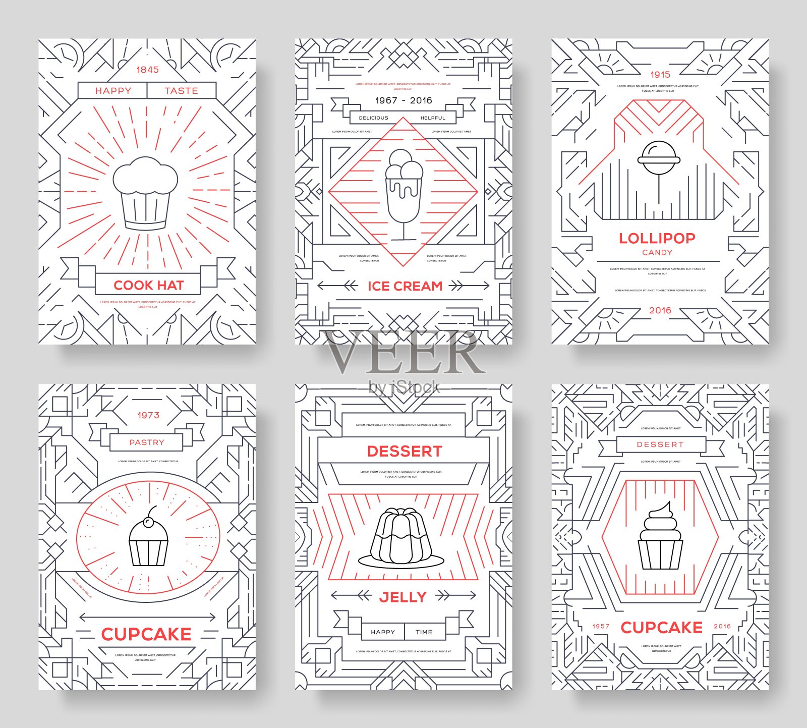 生日派对快乐细线小册子卡片套。糖果方式模板飞年，杂志，海报，书封面，横幅。概述邀请概念背景。排版质量现代网页插画图片素材