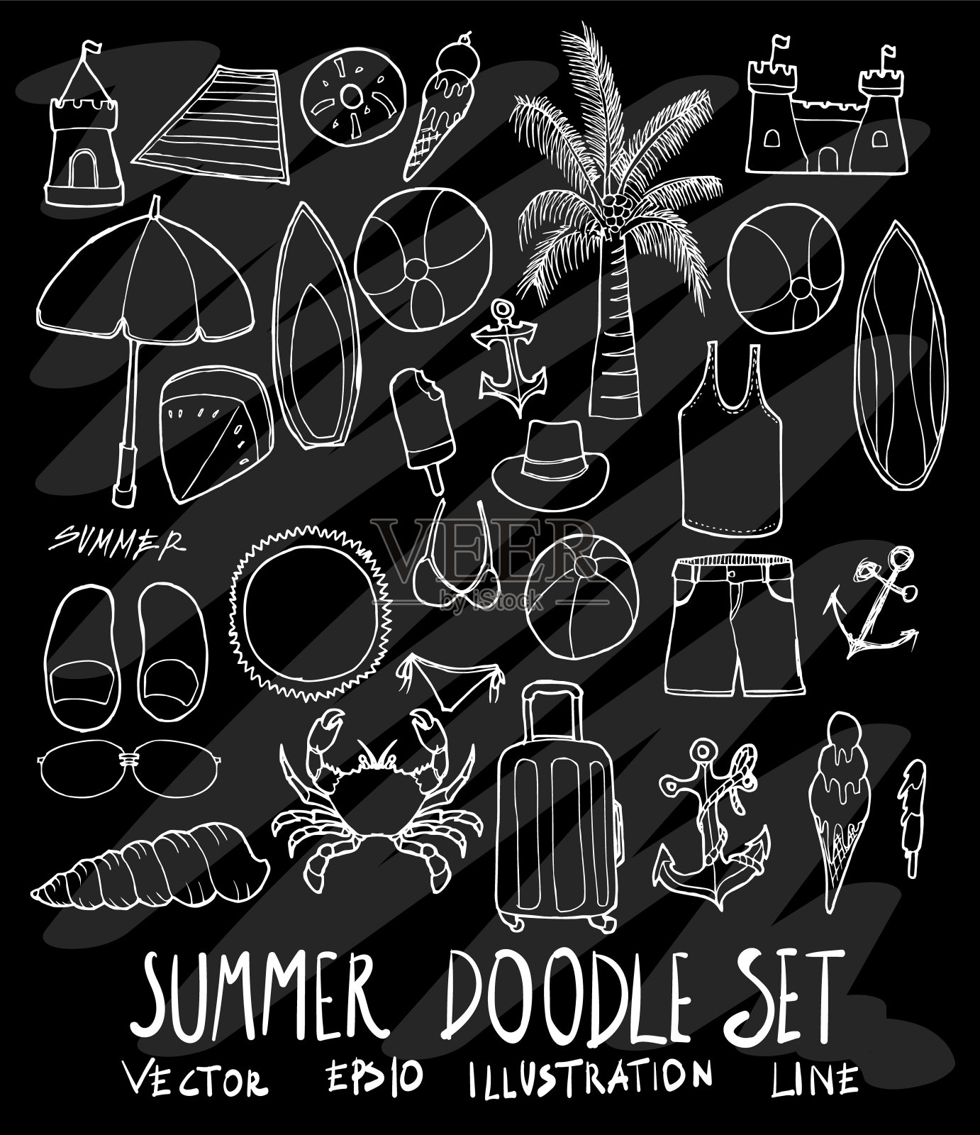一套夏季插图手绘涂鸦素描线向量在黑板上eps10插画图片素材