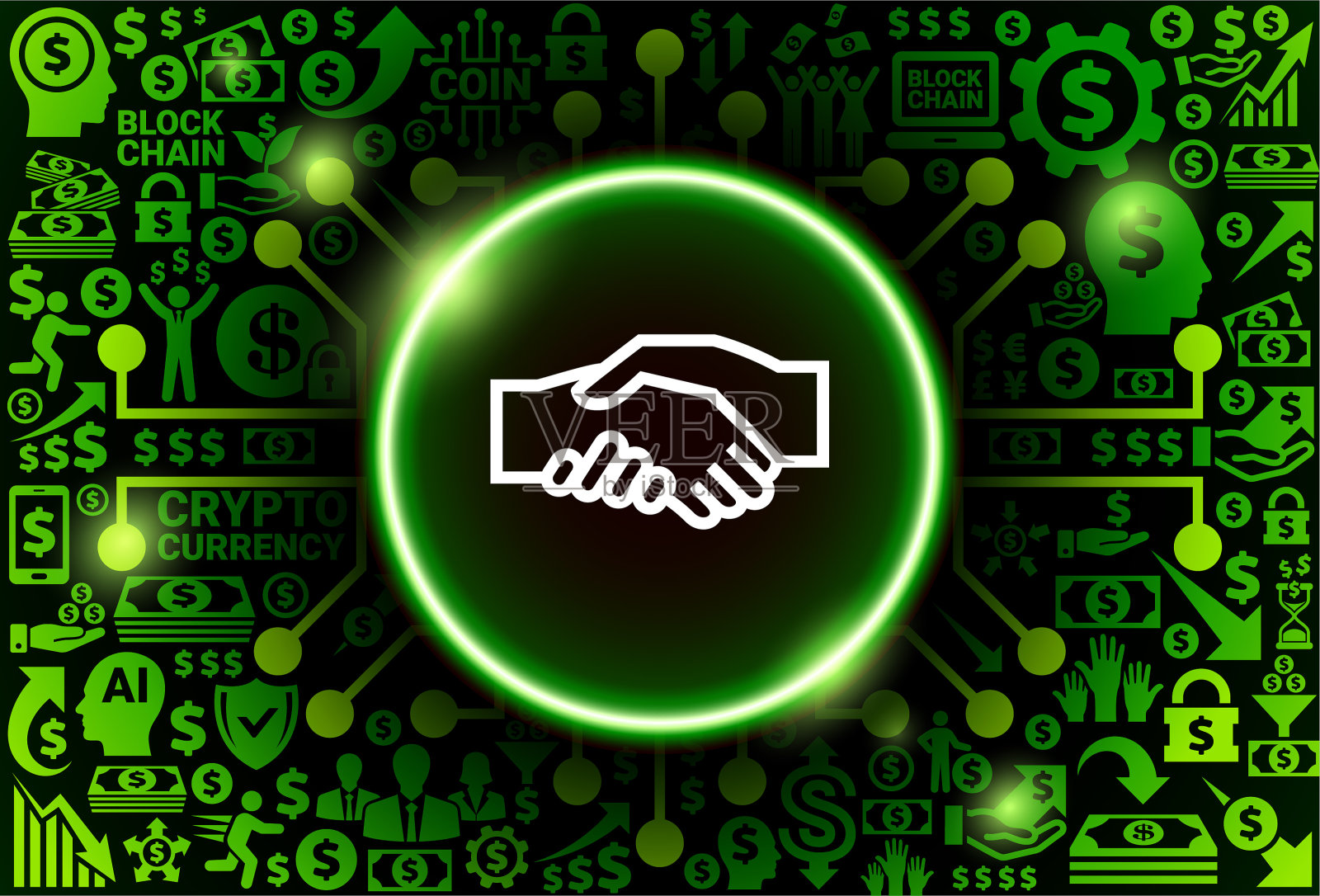 货币和加密货币背景上的握手图标插画图片素材