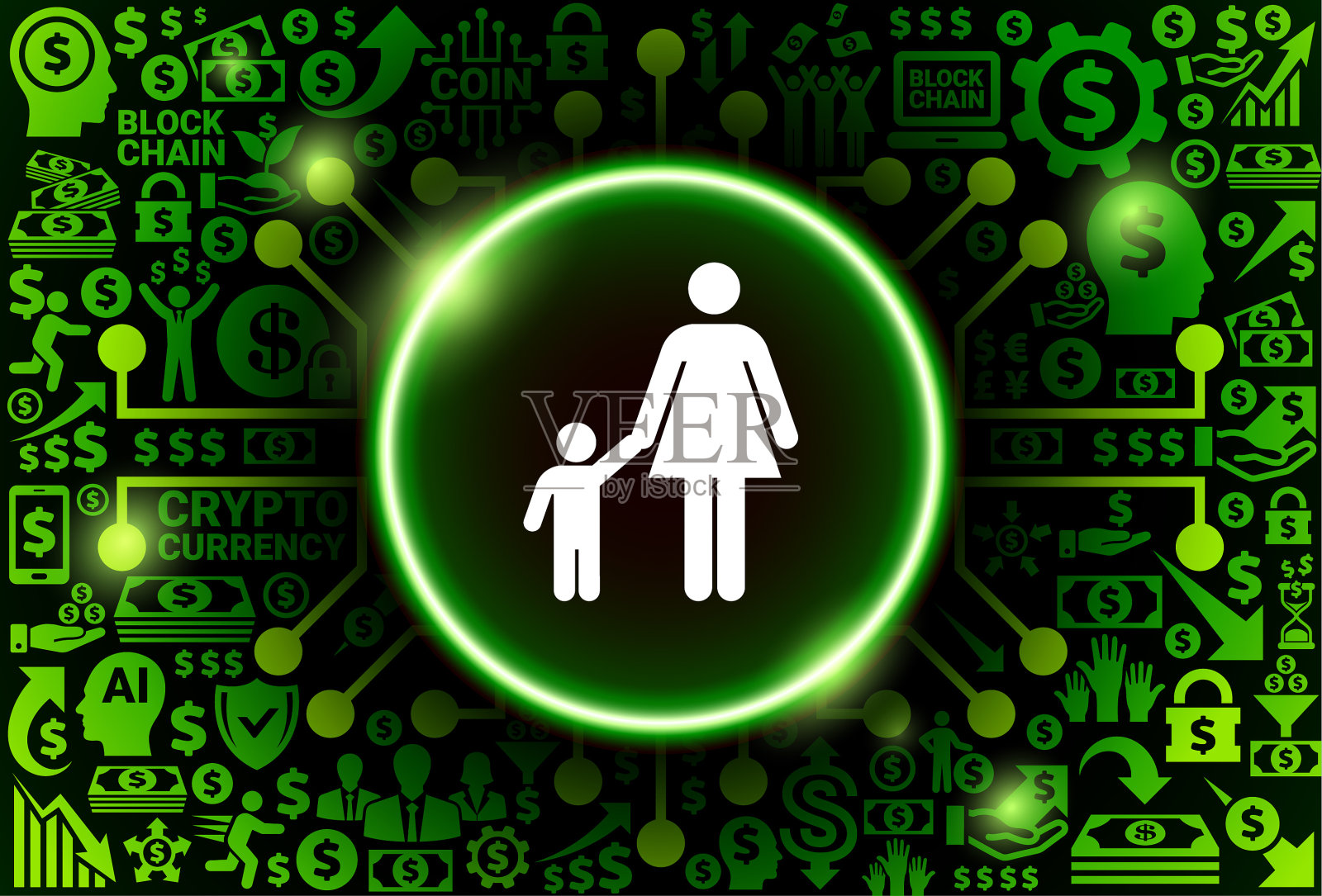 母亲和男孩家庭图标货币和加密货币背景插画图片素材