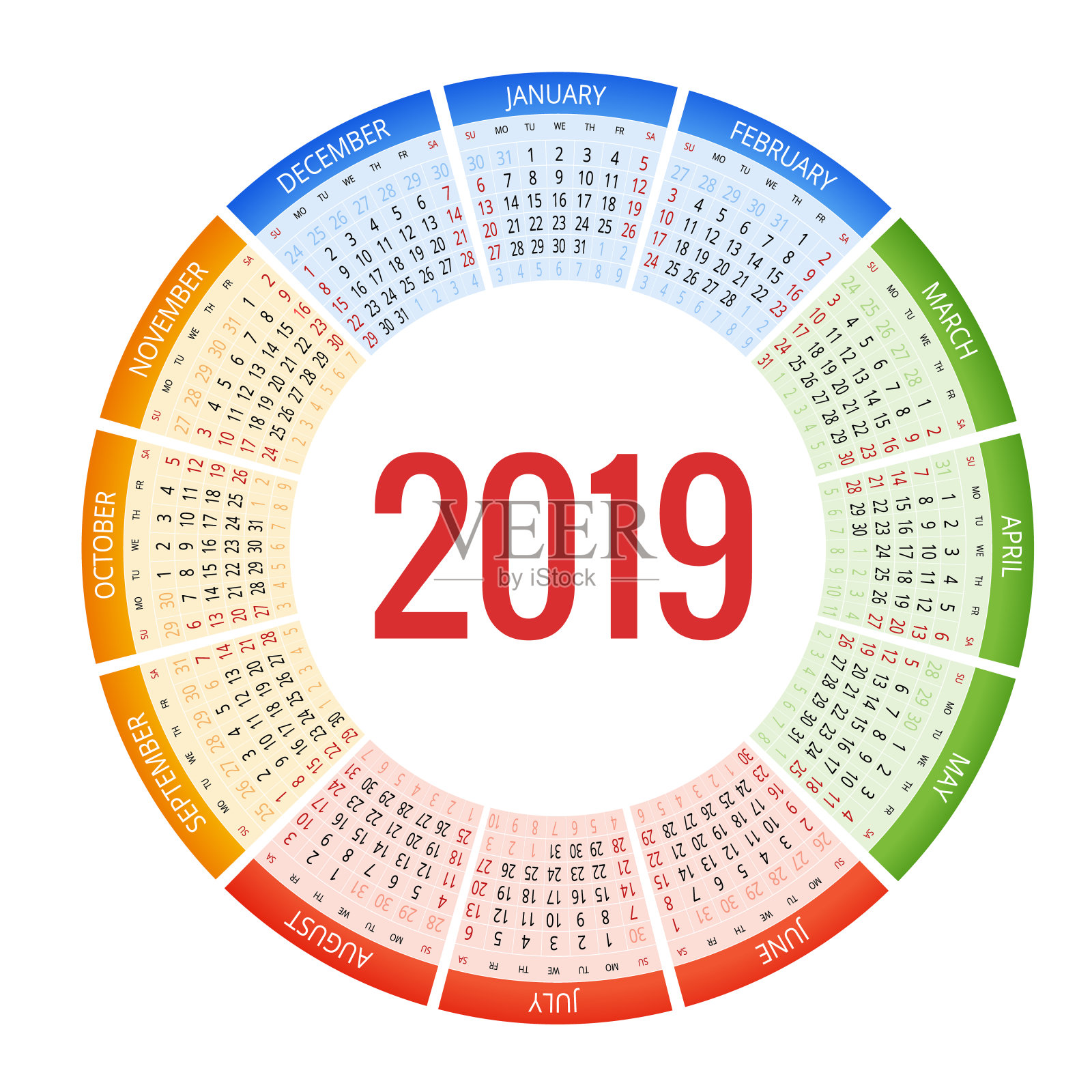 彩色圆形日历2019设计，打印模板，您的符号和文本。上周星期天开始。人像定位。2019年12个月日历。设计模板素材