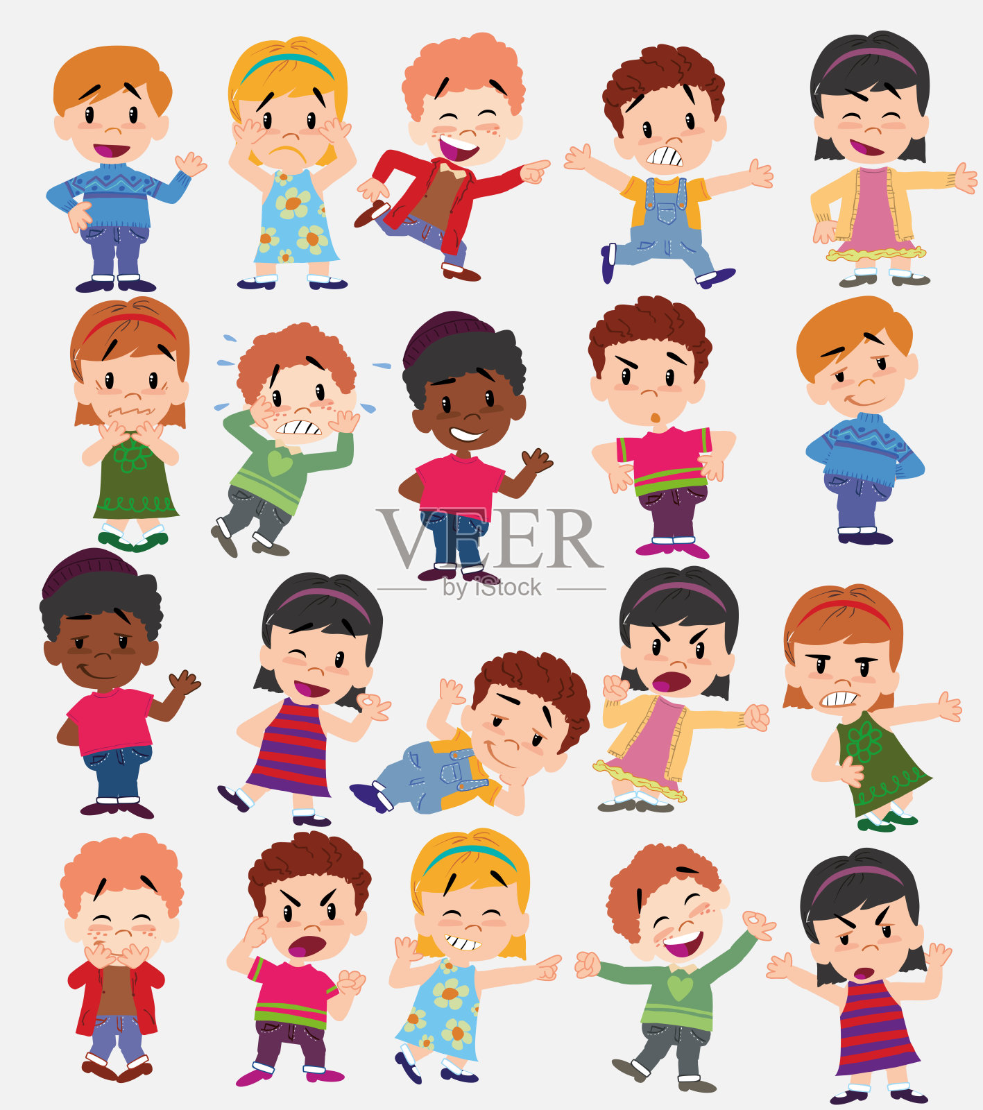 卡通人物男孩和女孩。设置不同的姿势，姿态和姿势，做不同的活动。矢量插图。插画图片素材