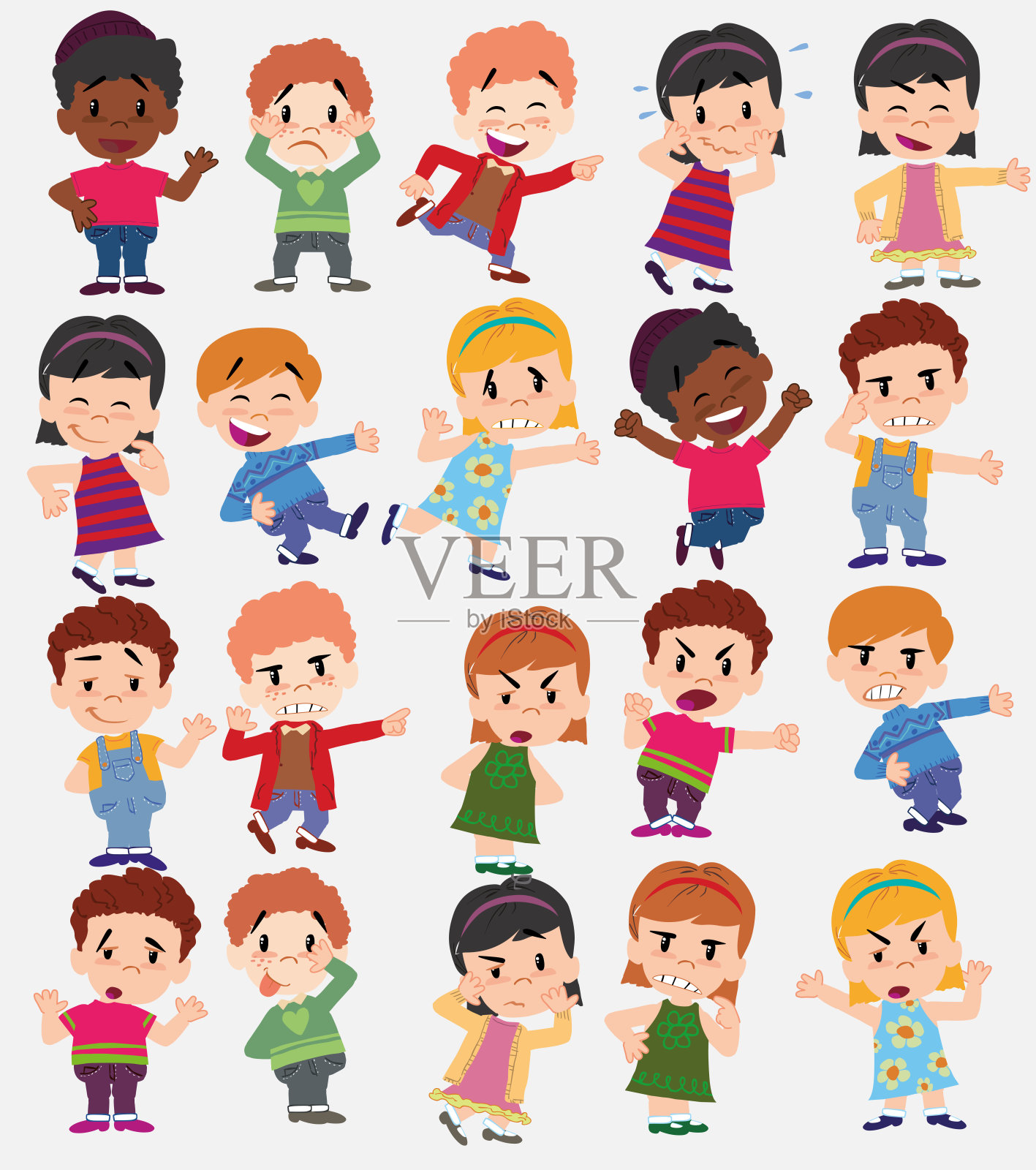 卡通人物男孩和女孩。设置不同的姿势，姿态和姿势，做不同的活动。矢量插图。插画图片素材