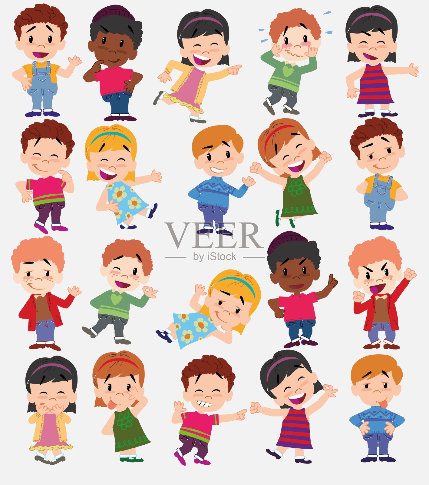 卡通人物男孩和女孩。设置不同的姿势，态度和姿势，始终以积极的态度，做不同的活动。矢量插图。设计元素图片