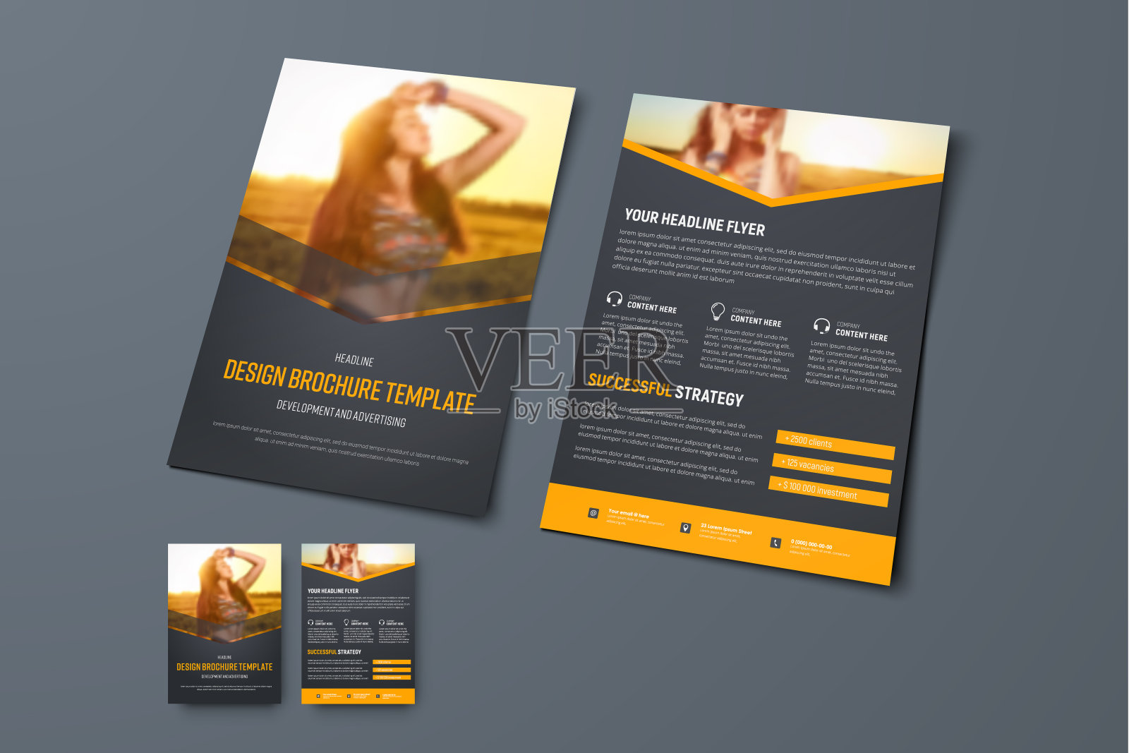 矢量设计的黑色宣传册与橙色箭头和一个地方的照片设计模板素材