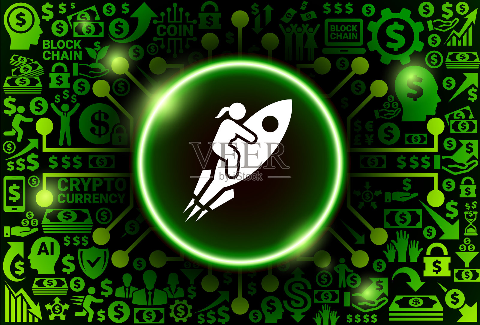 货币和加密货币背景上的火箭图标插画图片素材