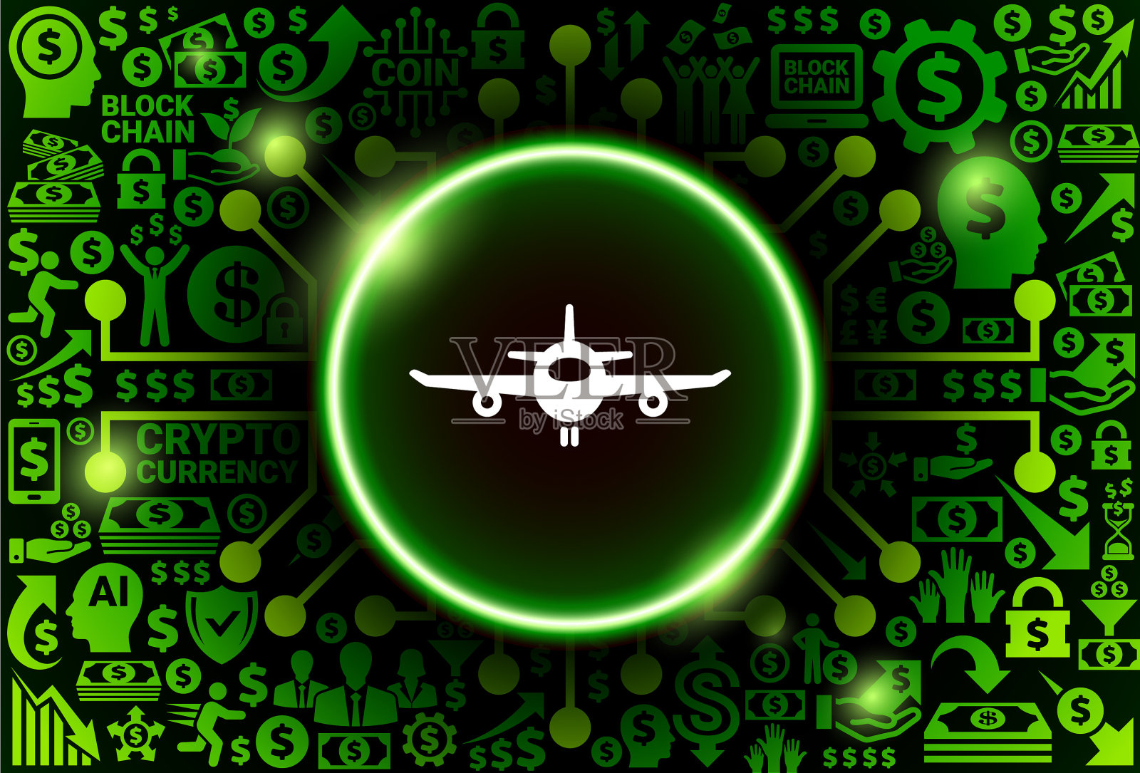 货币和加密货币背景上的飞机图标插画图片素材