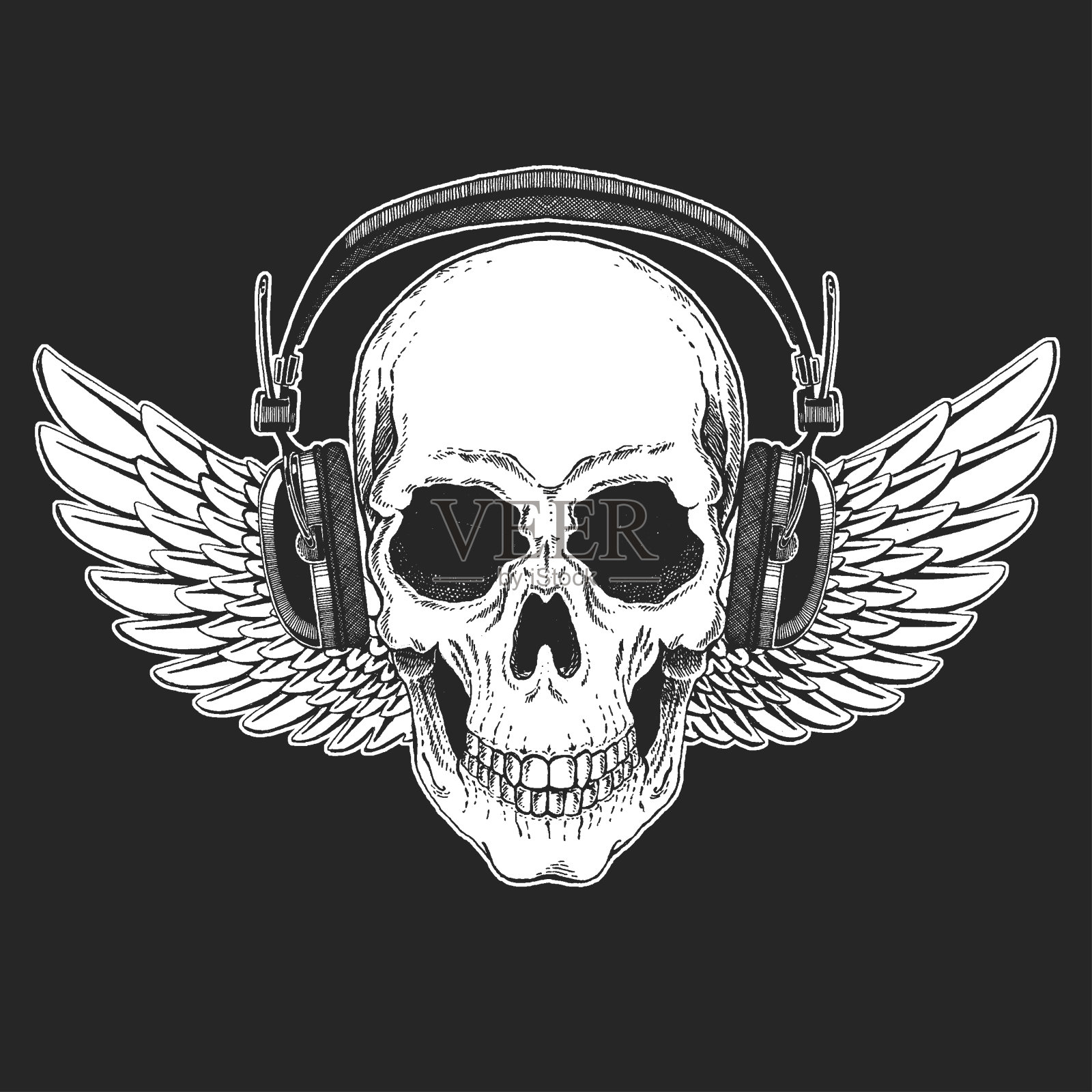 摇滚音乐节海报、banner、T恤酷炫印花：戴耳机骷髅头和电吉他，重金属派对，摇滚明星插画图片素材