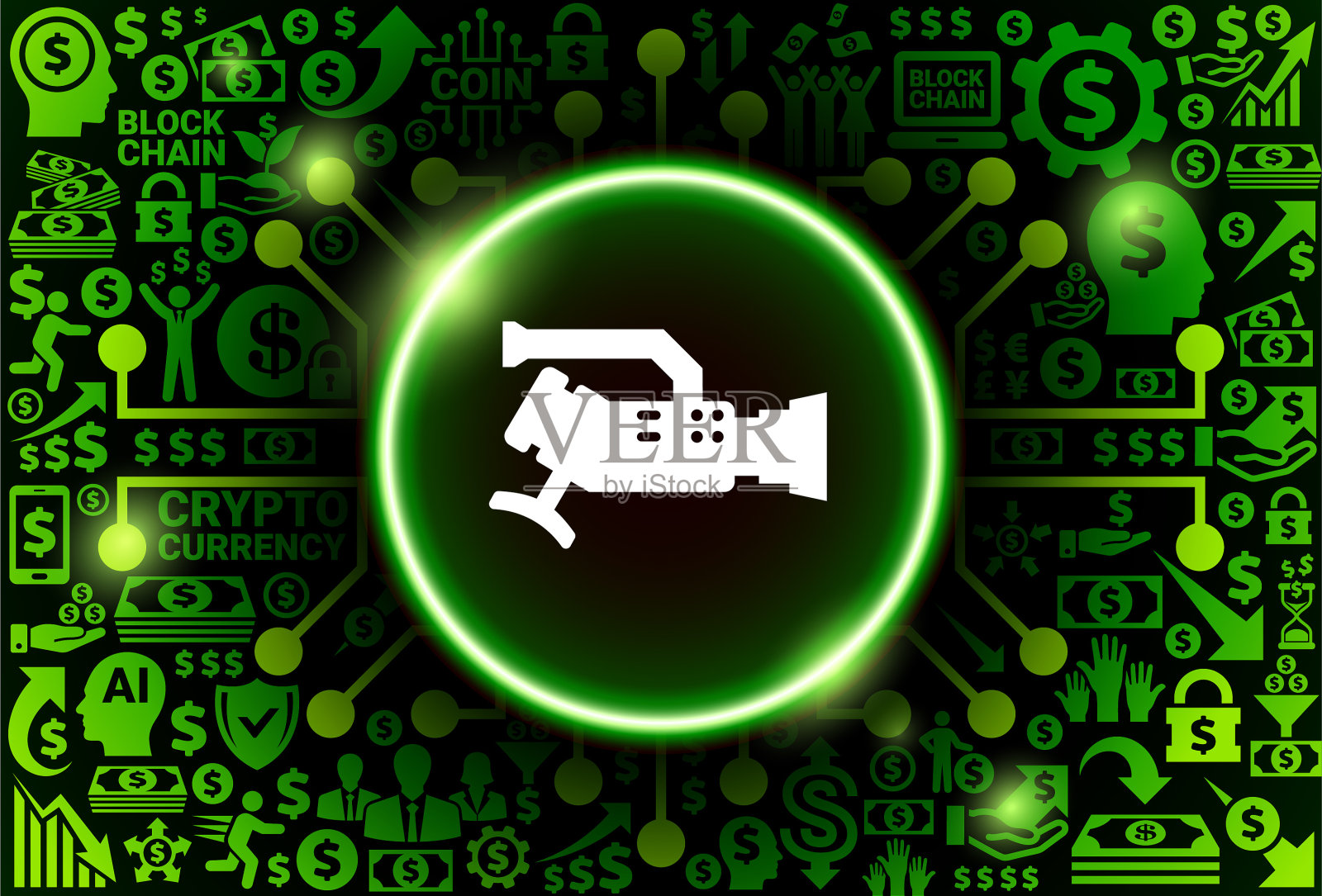 货币和加密货币背景上的电影相机图标插画图片素材