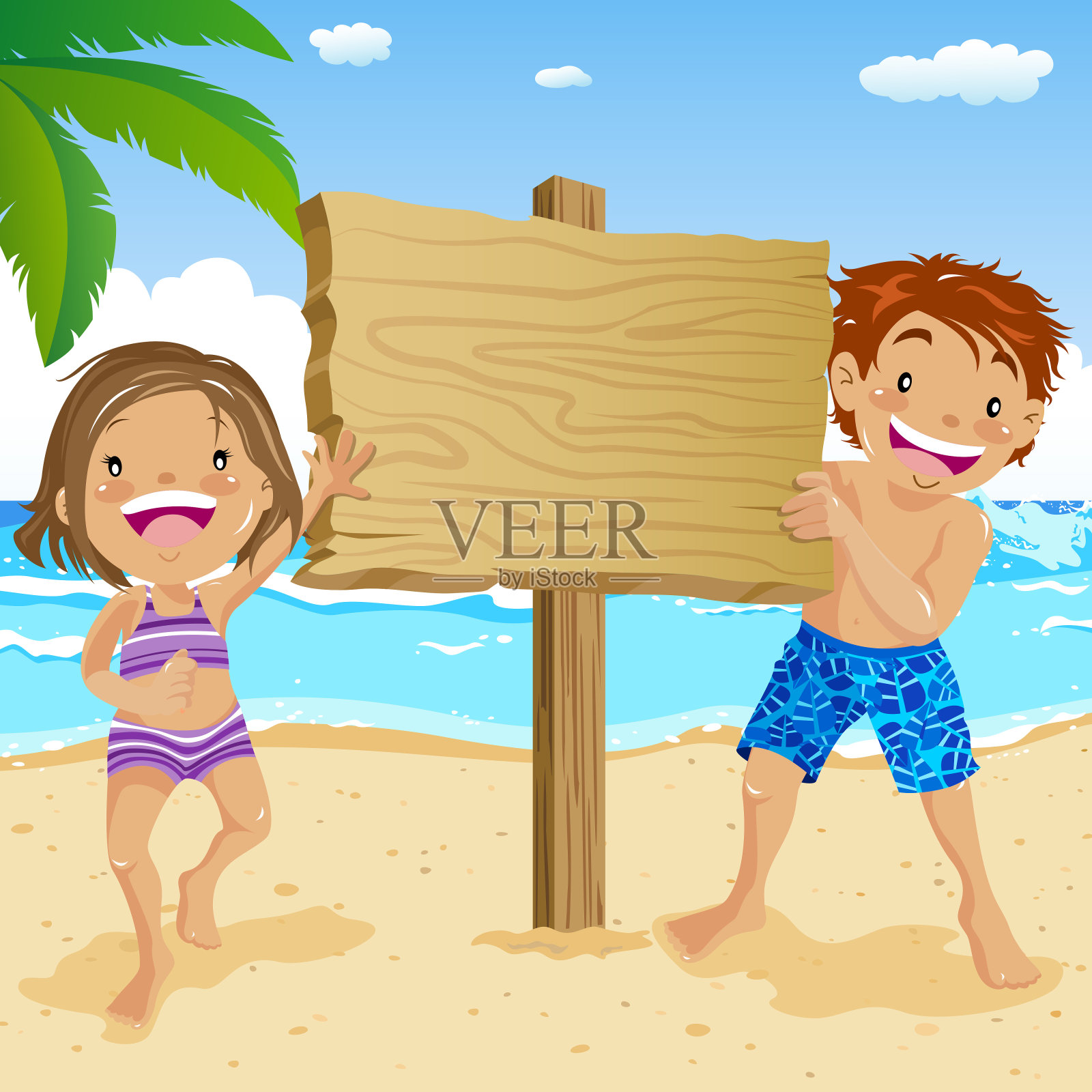 海滩广告牌旁的孩子们插画图片素材
