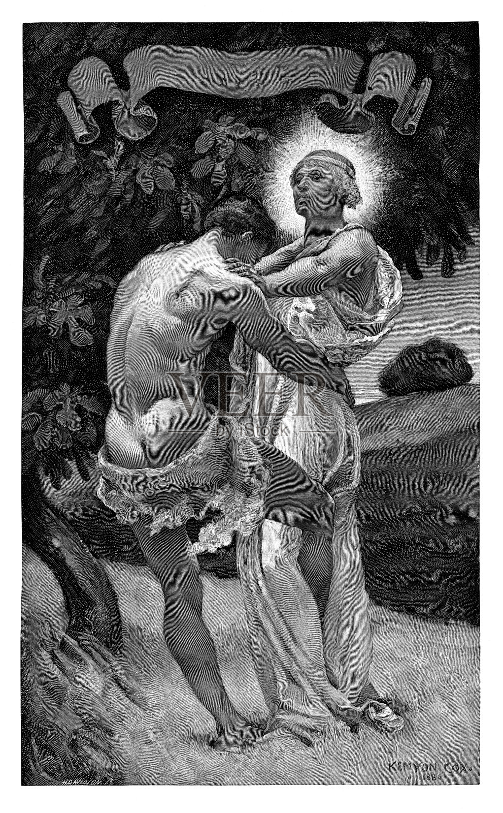 雅各与天使摔跤插画图片素材