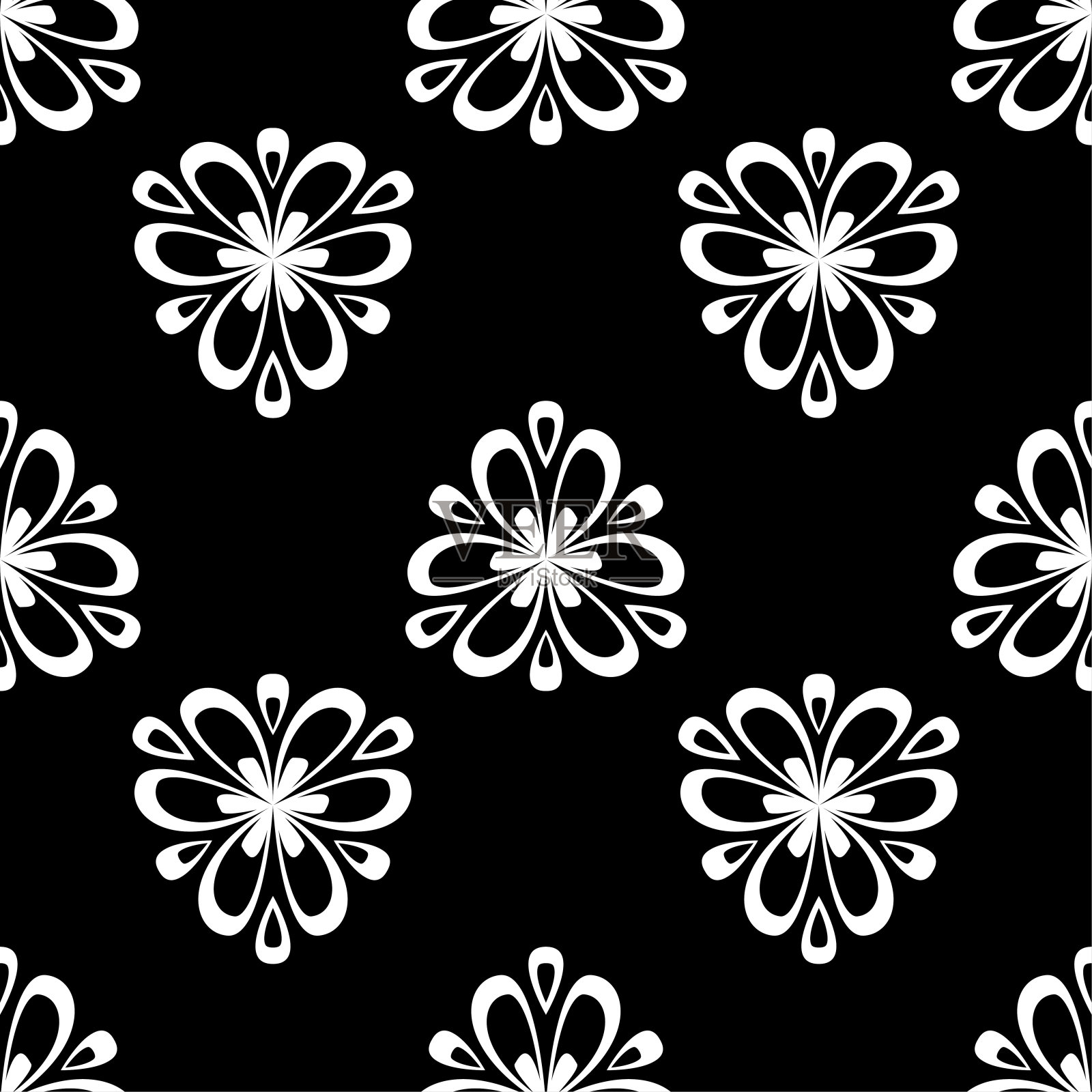 黑白花单色无缝图案。背景与花元素的壁纸插画图片素材