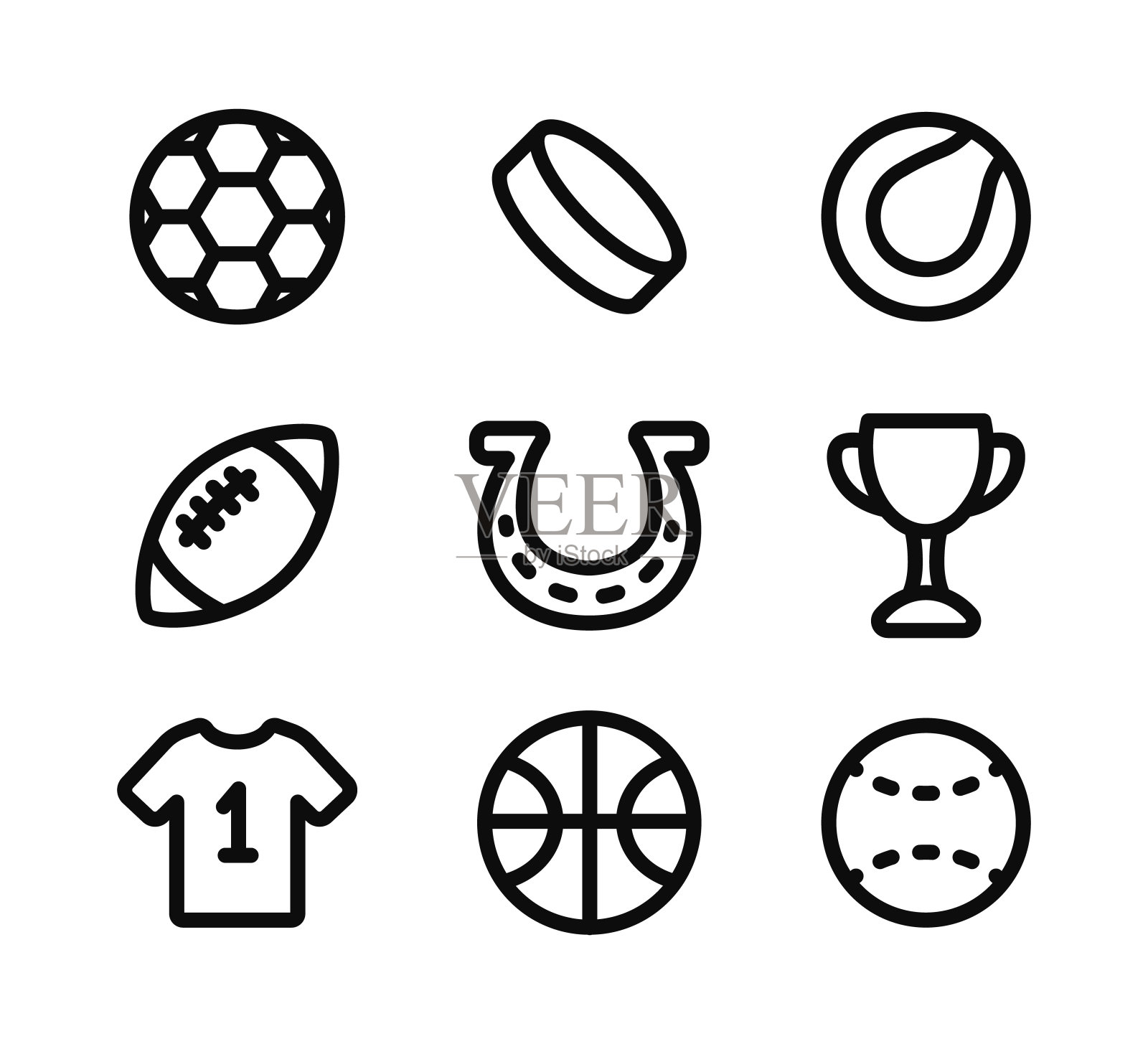 运动收藏图标向量。孤立的体育图标，足球，篮球，网球，棒球图标素材