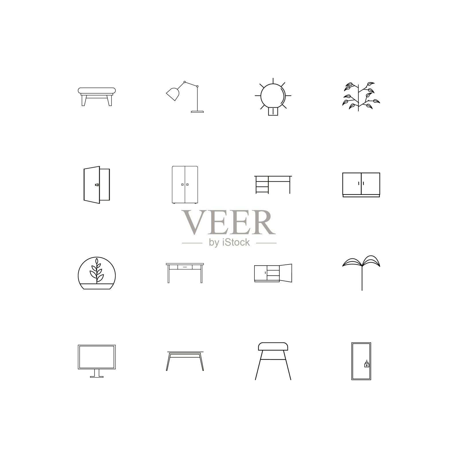 家具简单线性图标集。概述了矢量图标图标素材