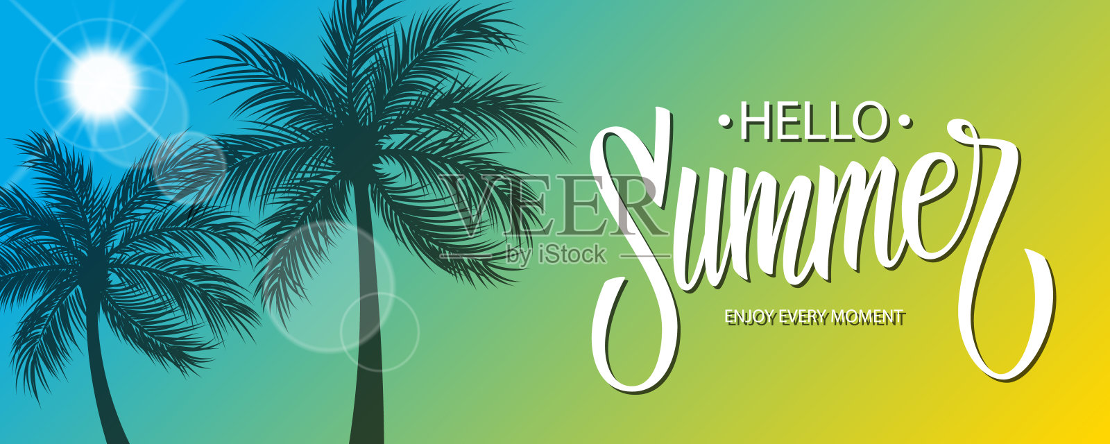 你好夏季横幅与手绘字体文本设计。太阳和棕榈树的剪影。夏季的背景。插画图片素材