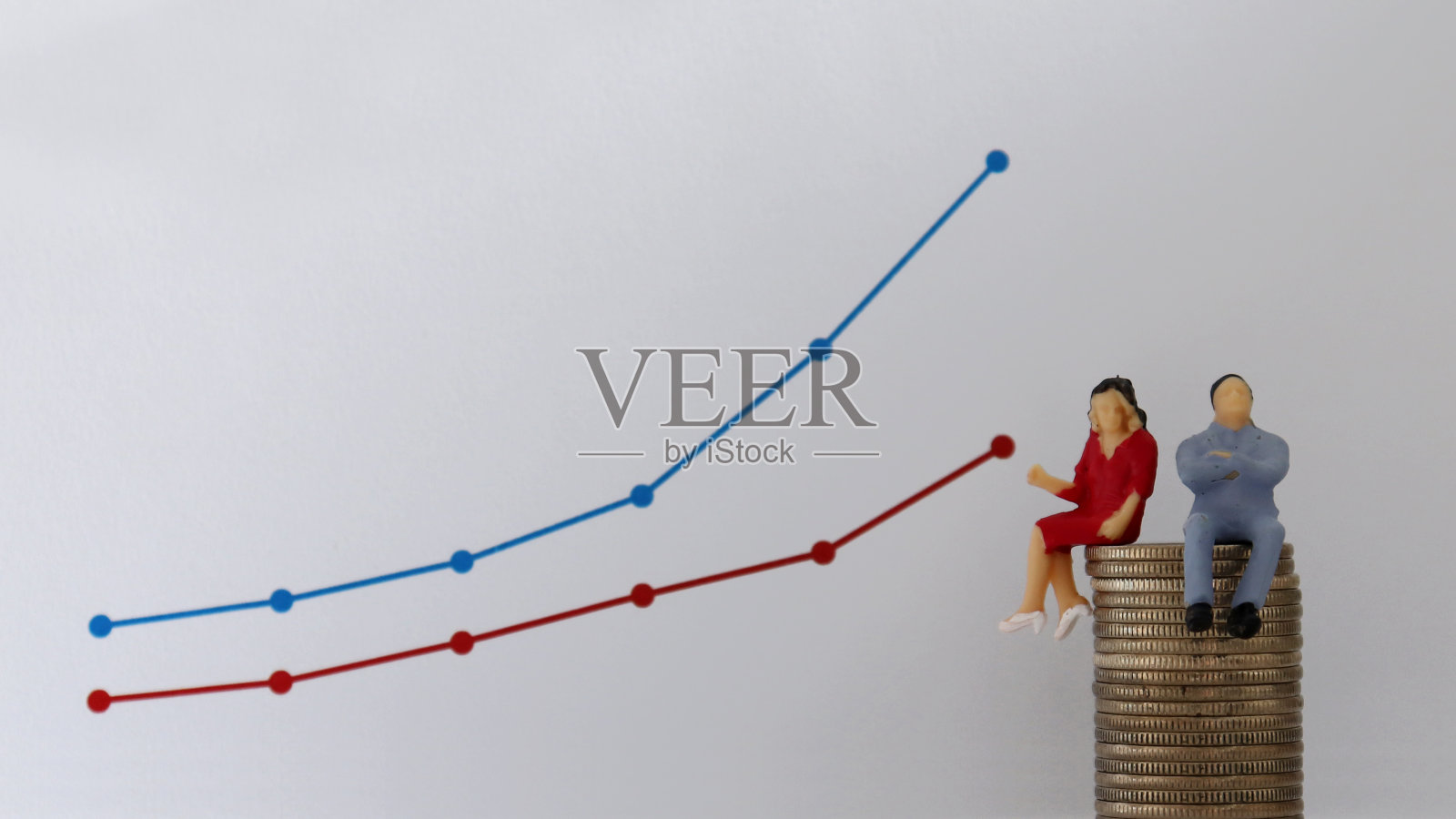 一对微型夫妇坐在一堆硬币上，前面是一个线性图形。研究性别工资差异的概念。照片摄影图片