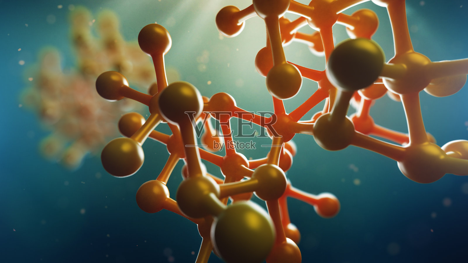 原子网格的3d插图是在模糊的蓝色背景下看到的。医学和科学的概念照片摄影图片