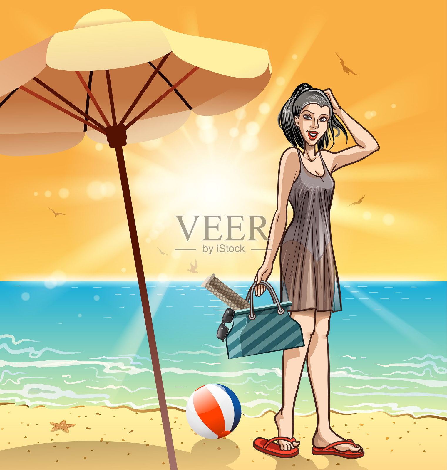 游泳的女孩插画图片素材