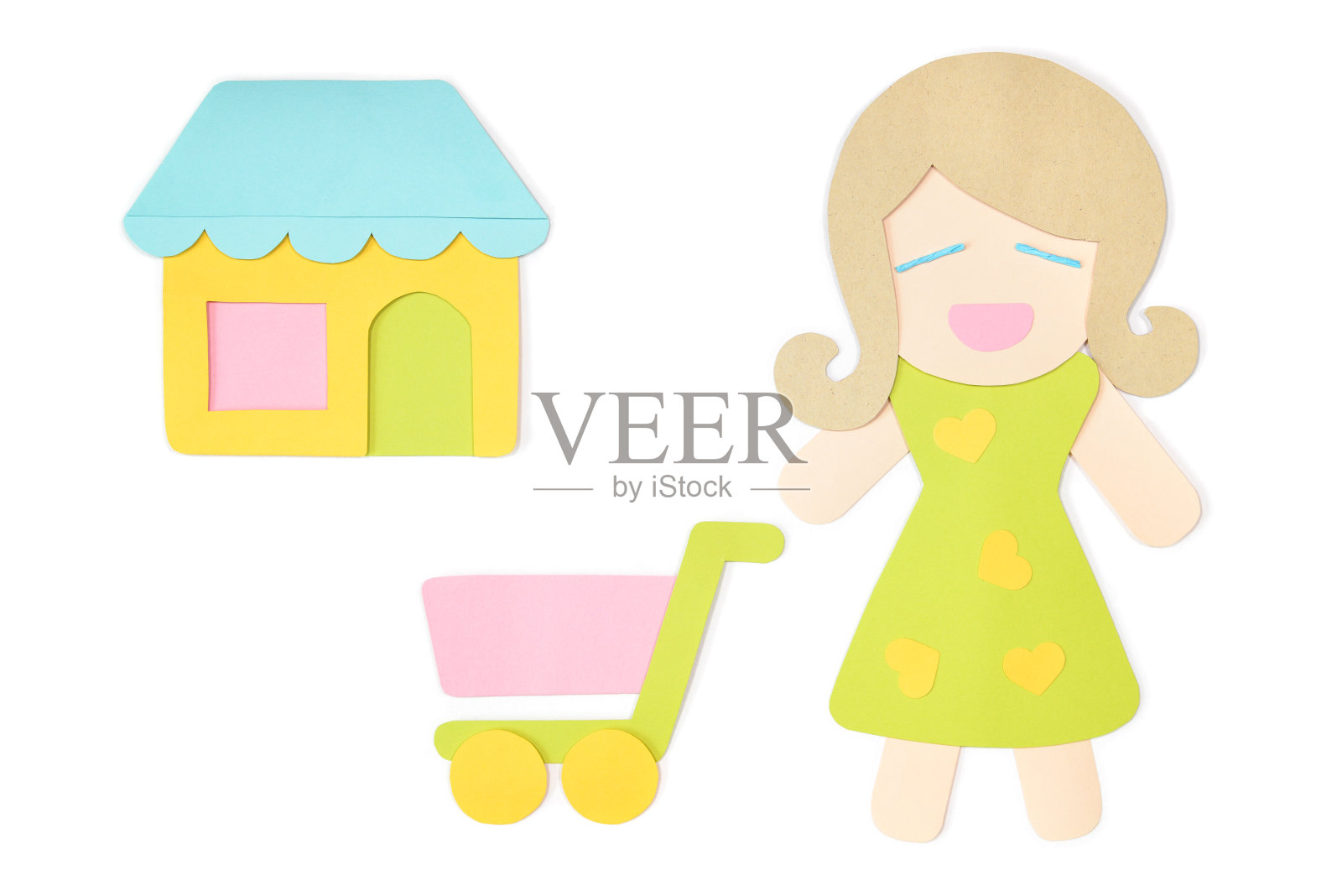 女人购物剪纸在白色的背景照片摄影图片