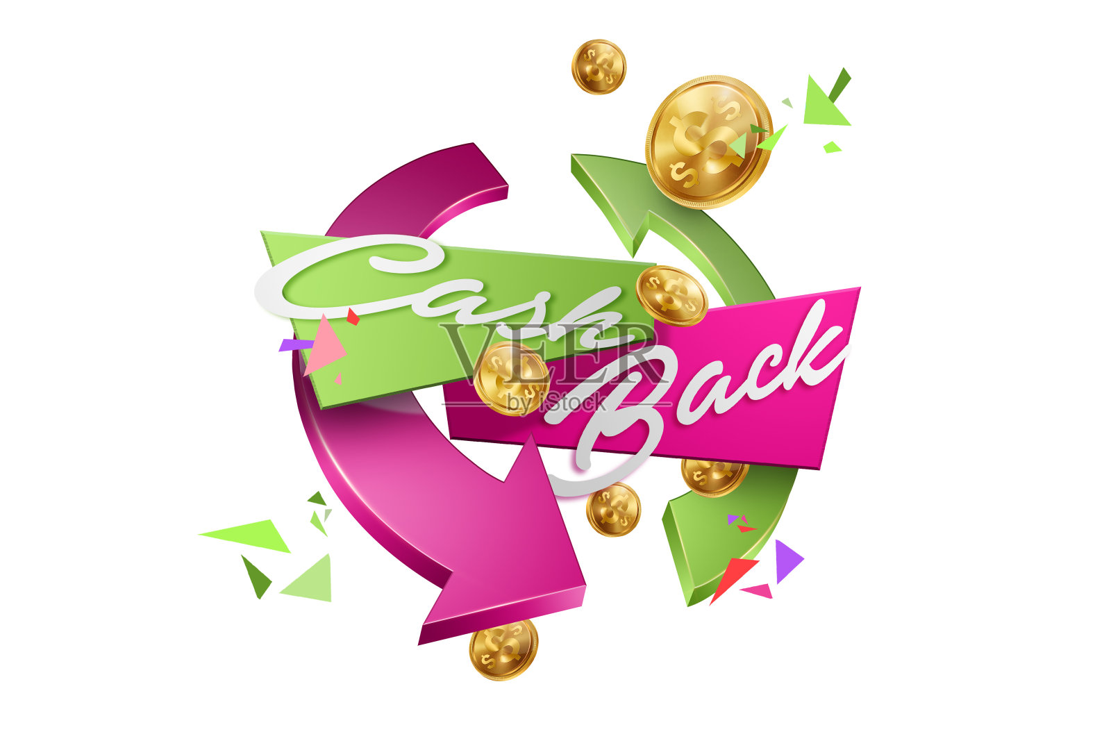 题字现金背面，徽章图像和金币白色背景，孤立。经营理念，退款，财务，以客户为中心。白色，粉色，金色。说明,3 d。照片摄影图片