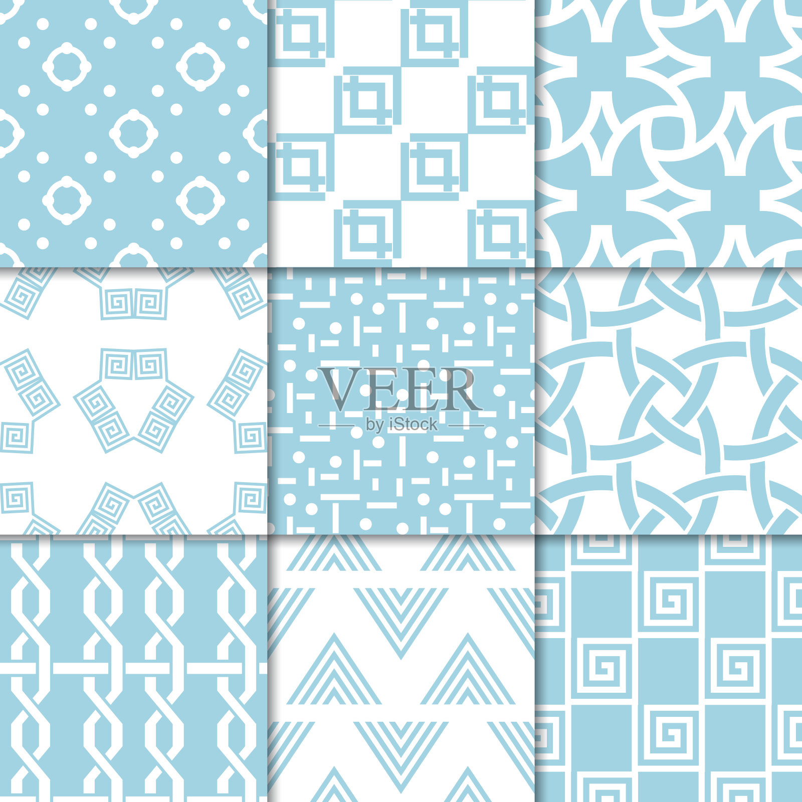 蓝色和白色的几何装饰品。无缝模式的集合插画图片素材