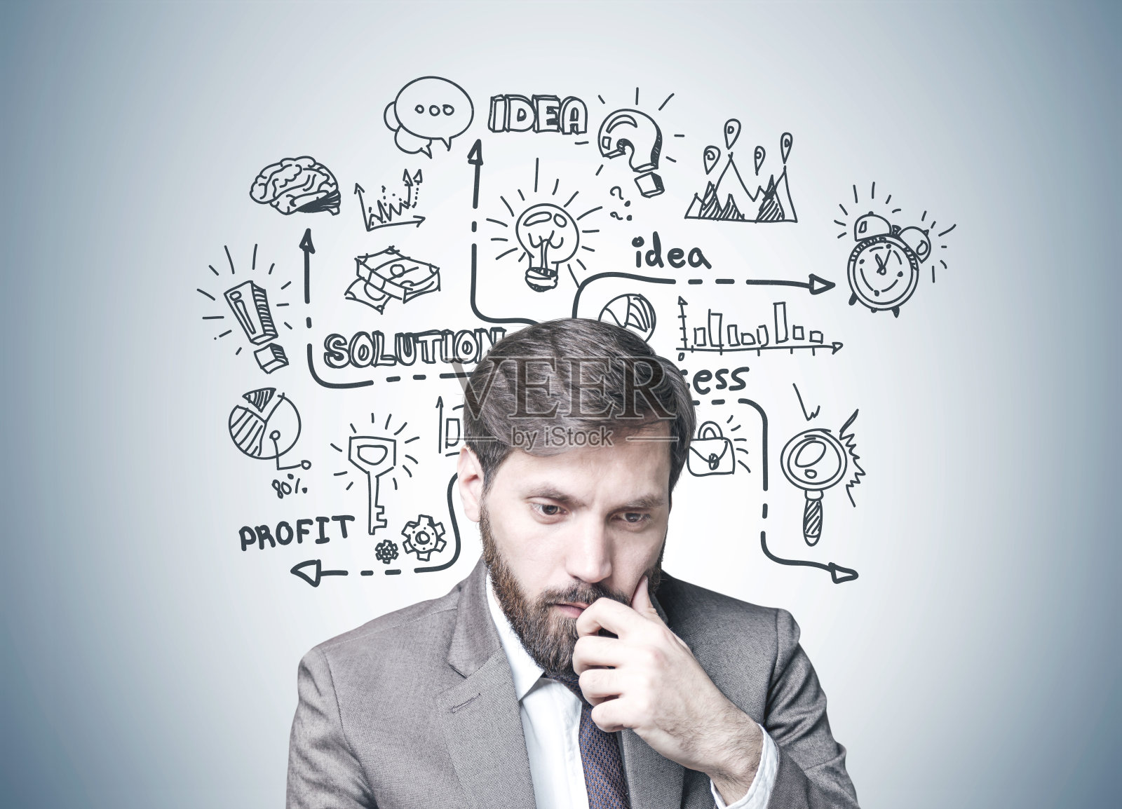 满脸疑惑的大胡子商人，寻找解决方案照片摄影图片