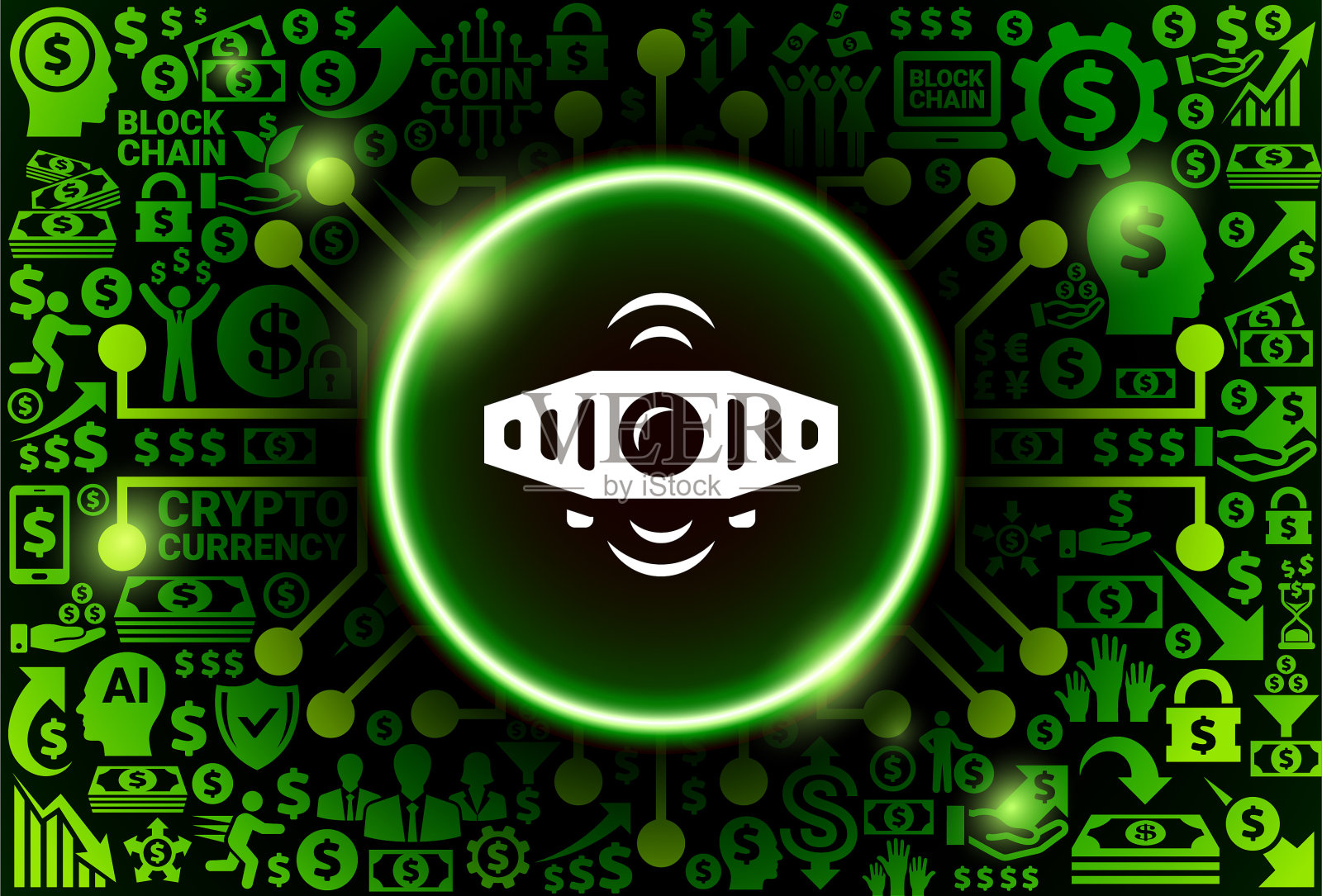 货币和加密货币背景上的连接技术图标插画图片素材