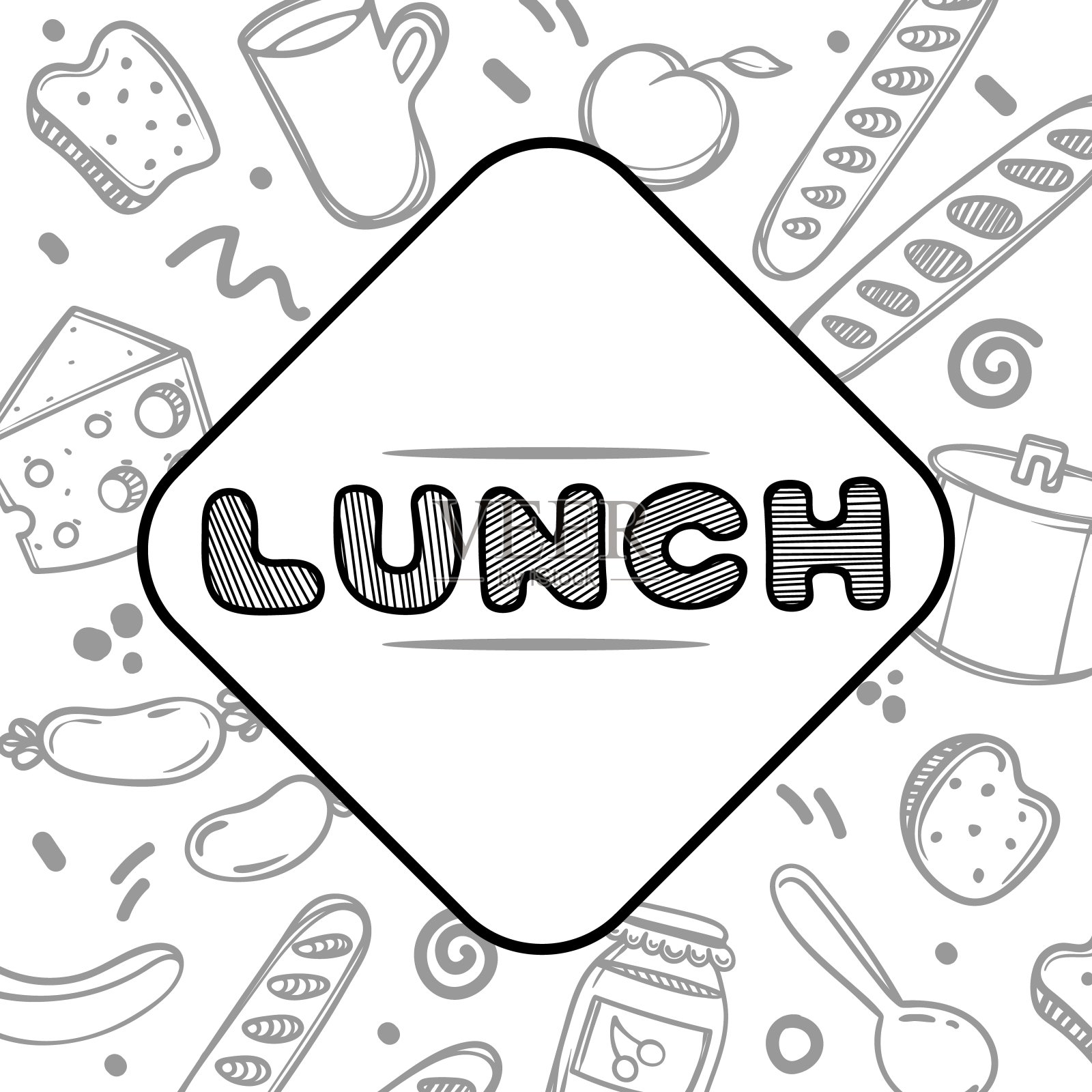 可爱的手绘海报菜单咖啡馆的食物背景与午餐报价。线性的插图。插画图片素材