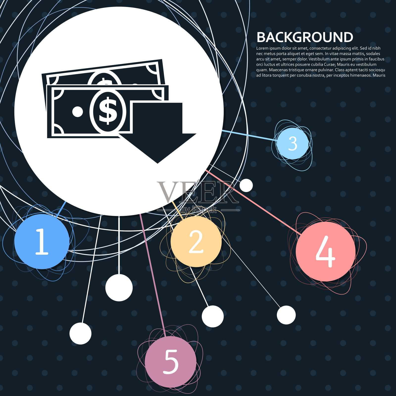 钱的现金图标与背景到点和与信息图表的风格。向量插画图片素材